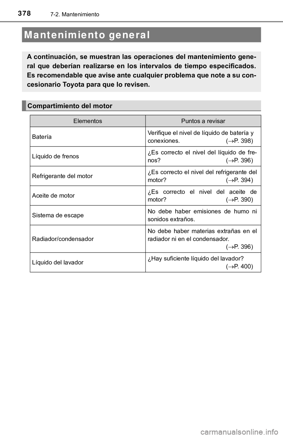 TOYOTA COROLLA 2019  Manual del propietario (in Spanish) 3787-2. Mantenimiento
Mantenimiento general
A continuación, se muestran las operaciones del mantenimiento gene-
ral  que  deberían  realizarse  en  los  intervalos  de  tiempo  especificados.
Es rec