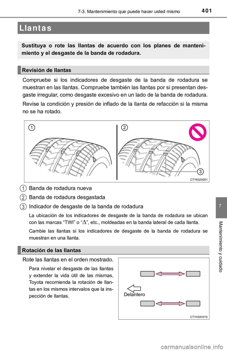 TOYOTA COROLLA 2019 Manual del propietario (in Spanish) 4017-3. Mantenimiento que puede hacer usted mismo
7
Mantenimiento y cuidado
Compruebe si los indicadores de desgaste de la banda de rodadura se
muestran en las llantas. Compruebe también l TOYOTA COROLLA 2019 Manual del propietario (in Spanish) 4017-3. Mantenimiento que puede hacer usted mismo
7
Mantenimiento y cuidado
Compruebe si los indicadores de desgaste de la banda de rodadura se
muestran en las llantas. Compruebe también l