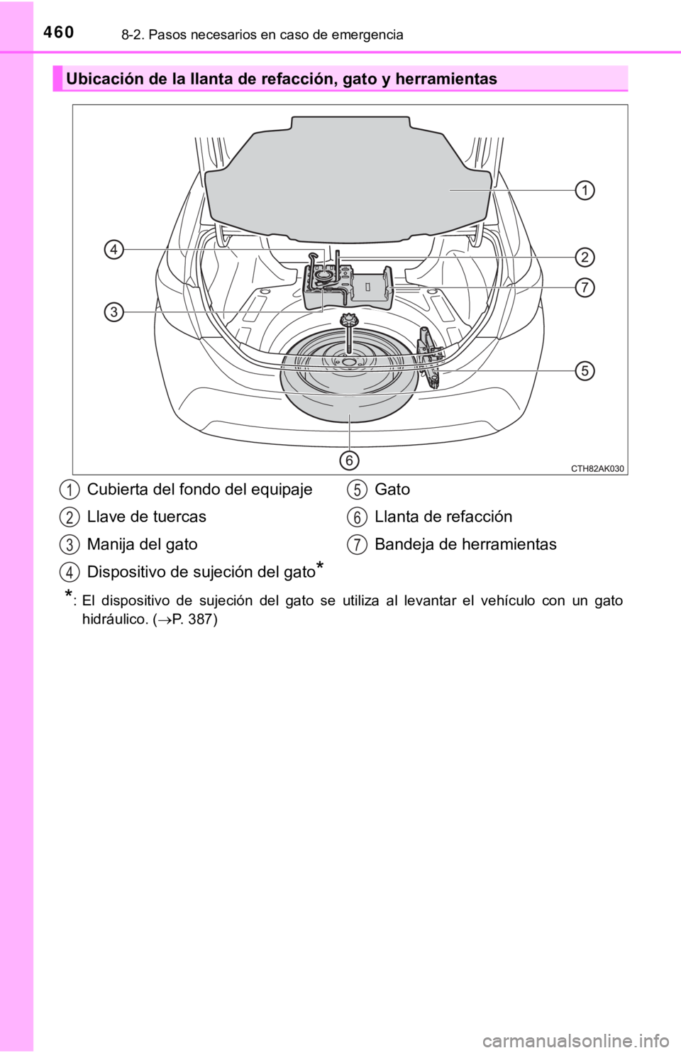 TOYOTA COROLLA 2019 Manual del propietario (in Spanish) 4608-2. Pasos necesarios en caso de emergencia
*: El dispositivo de sujeción del gato se utiliza al levantar el vehículo con un gato
hidráulico. (P. 3 8 7 )
Ubicación de la llant TOYOTA COROLLA 2019 Manual del propietario (in Spanish) 4608-2. Pasos necesarios en caso de emergencia
*: El dispositivo de sujeción del gato se utiliza al levantar el vehículo con un gato
hidráulico. (P. 3 8 7 )
Ubicación de la llant