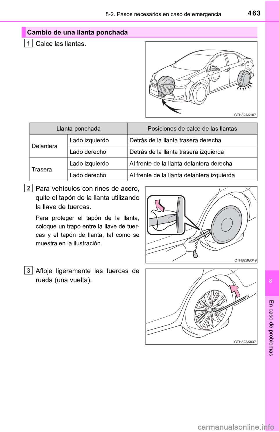 TOYOTA COROLLA 2019 Manual del propietario (in Spanish) 4638-2. Pasos necesarios en caso de emergencia
8
En caso de problemas
Calce las llantas.
Para vehículos con rines de acero,
quite el tapón de la llanta utilizando
la llave de tuercas.
Para proteger TOYOTA COROLLA 2019 Manual del propietario (in Spanish) 4638-2. Pasos necesarios en caso de emergencia
8
En caso de problemas
Calce las llantas.
Para vehículos con rines de acero,
quite el tapón de la llanta utilizando
la llave de tuercas.
Para proteger