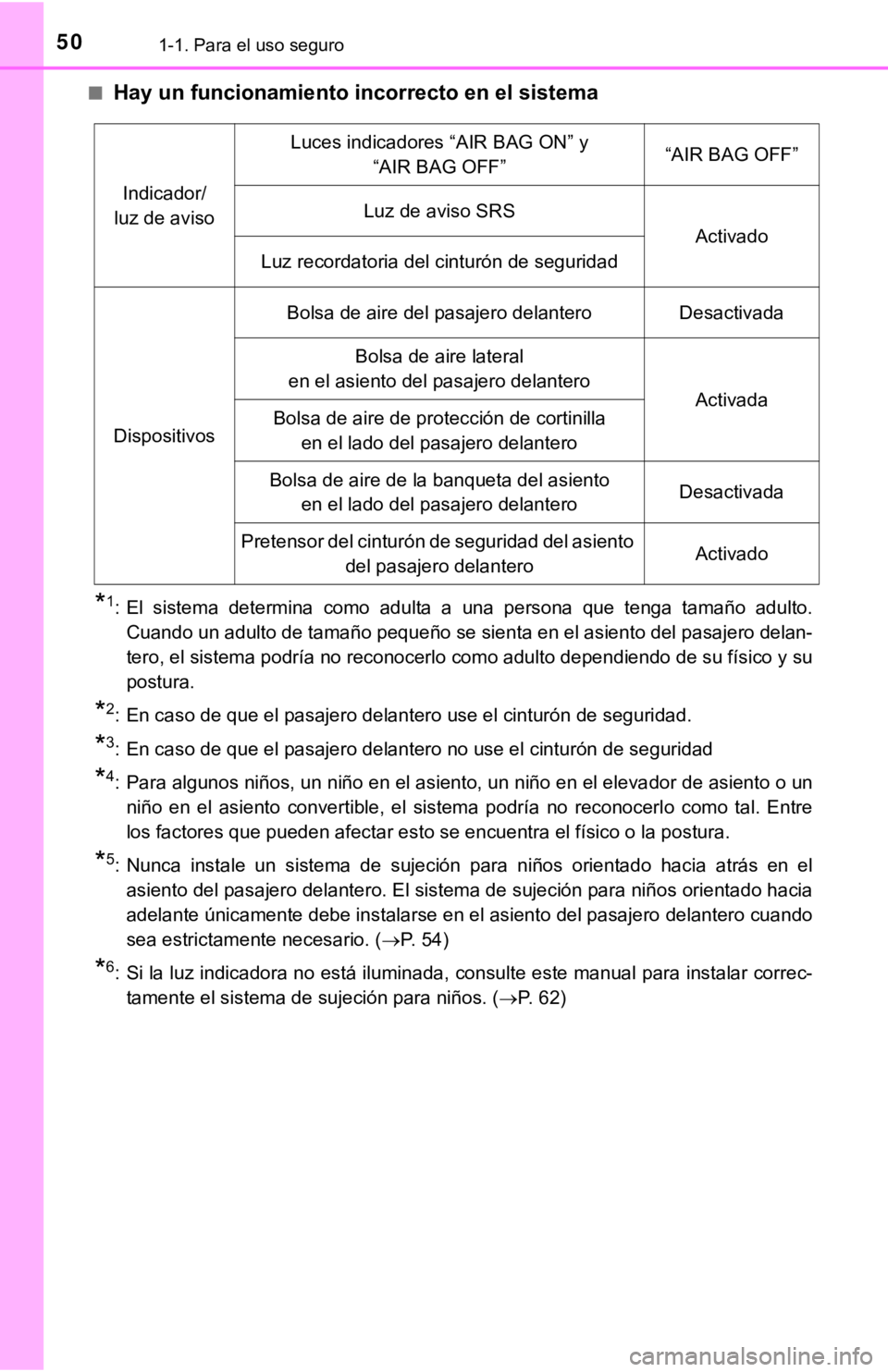 TOYOTA COROLLA 2019  Manual del propietario (in Spanish) 501-1. Para el uso seguro
■Hay un funcionamiento incorrecto en el sistema
*1: El  sistema  determina  como  adulta  a  una  persona  que  tenga  tamaño  adulto.
Cuando un adulto de tamaño pequeño