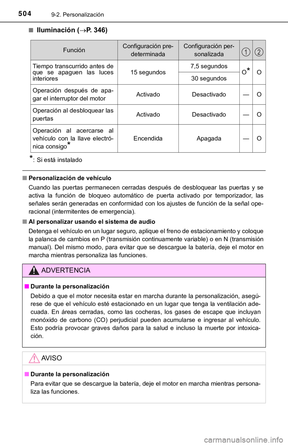 TOYOTA COROLLA 2019  Manual del propietario (in Spanish) 5049-2. Personalización
■Iluminación (P. 346)
*: Si está instalado
■Personalización de vehículo
Cuando  las  puertas  permanecen  cerradas  después  de  desbloquear  las  puertas  y  se
a