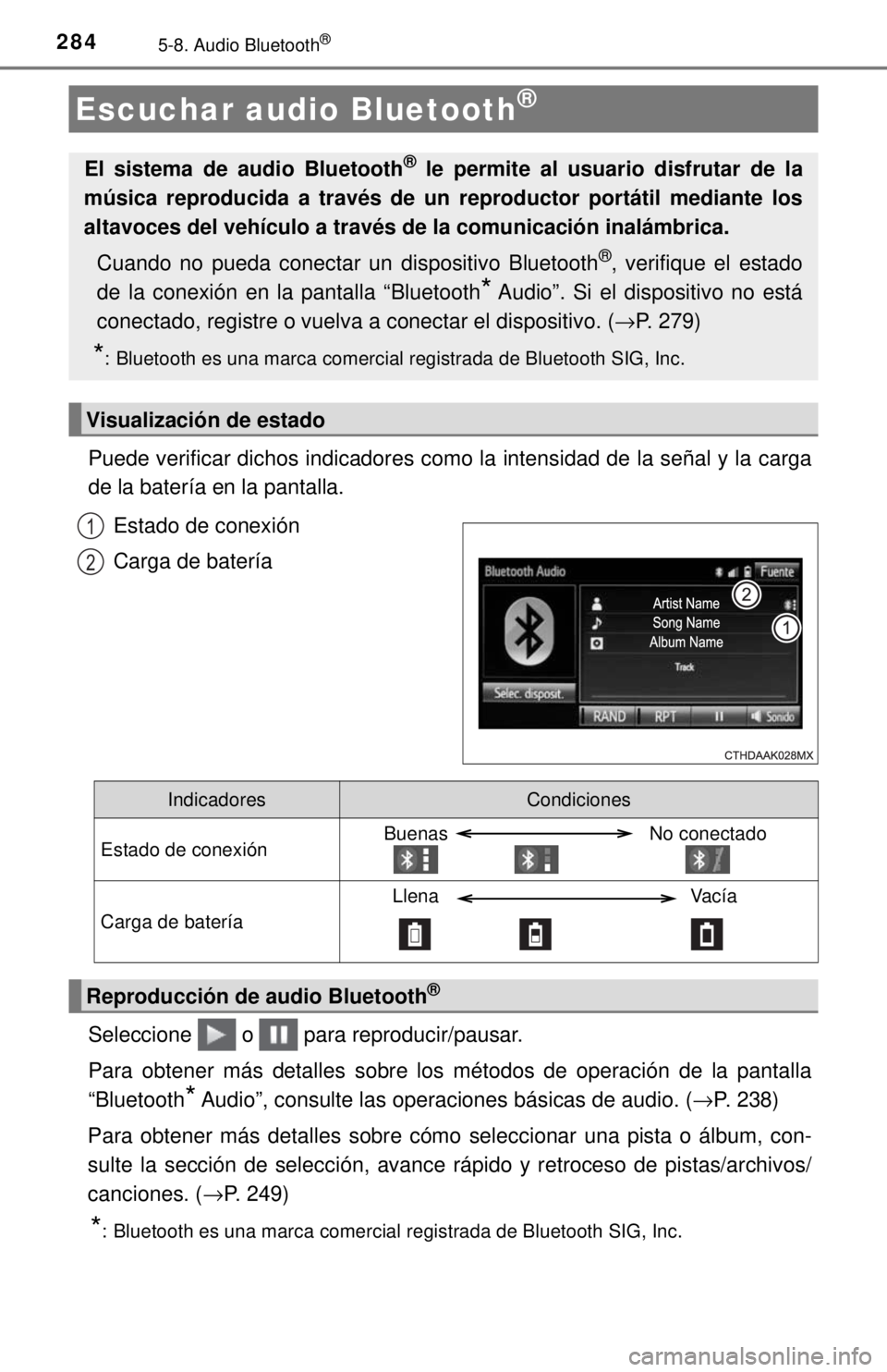 TOYOTA COROLLA 2018 Manual del propietario (in Spanish) 2845-8. Audio Bluetooth®
Puede verificar dichos indicadores como la intensidad de la señal y la carga
de la batería en la pantalla.Estado de conexión
Carga de batería
Seleccione o para reprod TOYOTA COROLLA 2018 Manual del propietario (in Spanish) 2845-8. Audio Bluetooth®
Puede verificar dichos indicadores como la intensidad de la señal y la carga
de la batería en la pantalla.Estado de conexión
Carga de batería
Seleccione o para reprod