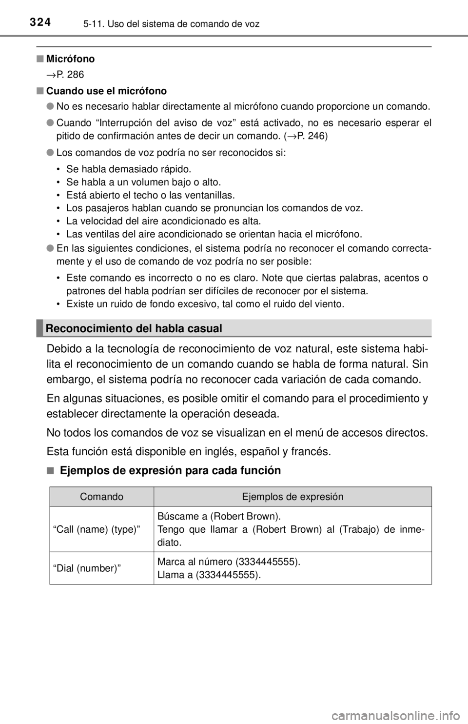 TOYOTA COROLLA 2018 Manual del propietario (in Spanish) 3245-11. Uso del sistema de comando de voz
■Micrófono
→P. 286
■ Cuando use el micrófono
●No es necesario hablar directamente al micrófono cuando proporcione un comando.
● Cuando “Interr TOYOTA COROLLA 2018 Manual del propietario (in Spanish) 3245-11. Uso del sistema de comando de voz
■Micrófono
→P. 286
■ Cuando use el micrófono
●No es necesario hablar directamente al micrófono cuando proporcione un comando.
● Cuando “Interr