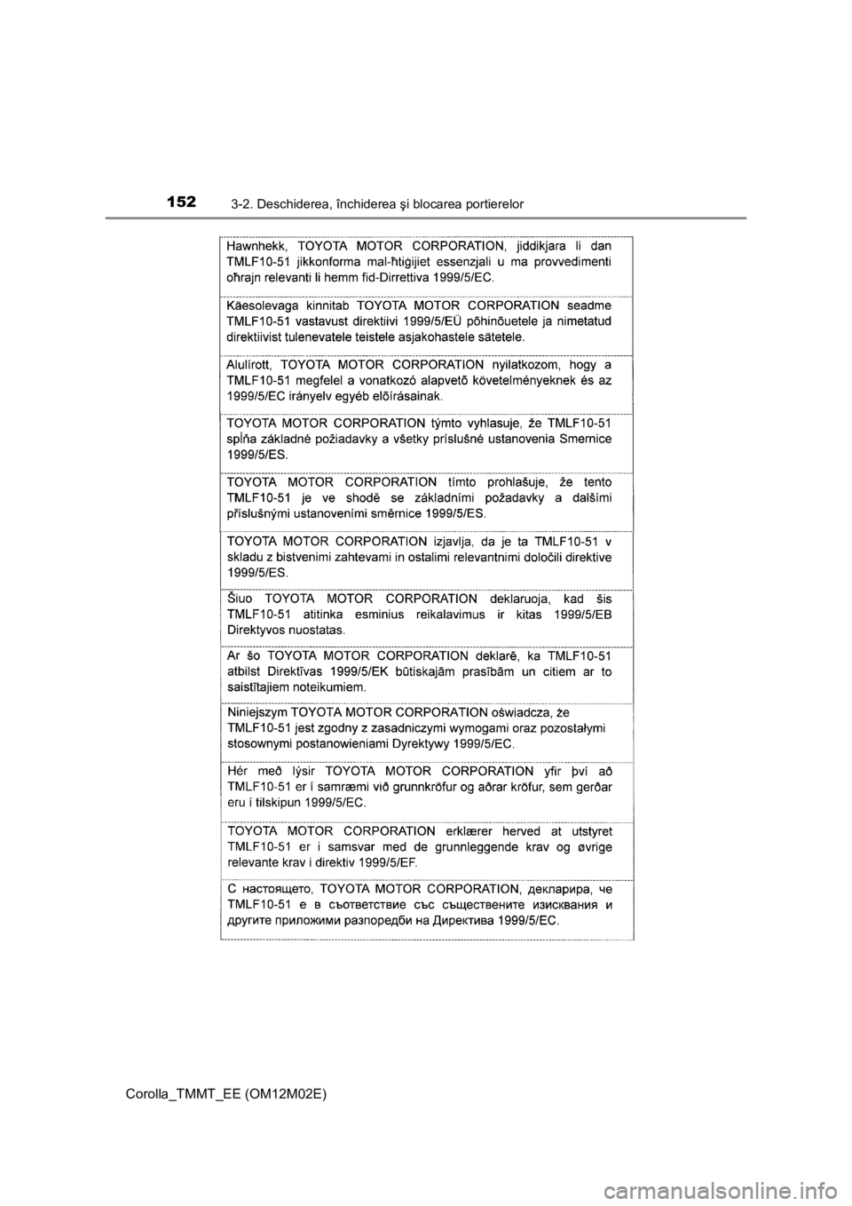 TOYOTA COROLLA 2017  Manual de utilizare (in Romanian) 1523-2. Deschiderea, închiderea şi blocarea portierelor
Corolla_TMMT_EE (OM12M02E) 