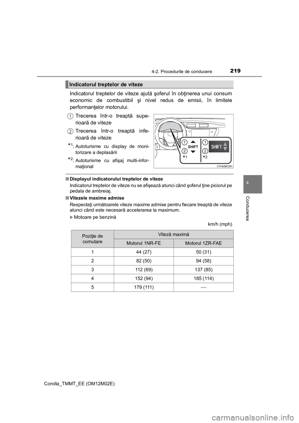 TOYOTA COROLLA 2017 Manual de utilizare (in Romanian) 2194-2. Procedurile de conducere
Corolla_TMMT_EE (OM12M02E)
4
Conducerea
Indicatorul treptelor de viteze ajută şoferul în obţinerea unui consum
economic de combustibil şi nivel redus de emisii, TOYOTA COROLLA 2017 Manual de utilizare (in Romanian) 2194-2. Procedurile de conducere
Corolla_TMMT_EE (OM12M02E)
4
Conducerea
Indicatorul treptelor de viteze ajută şoferul în obţinerea unui consum
economic de combustibil şi nivel redus de emisii,