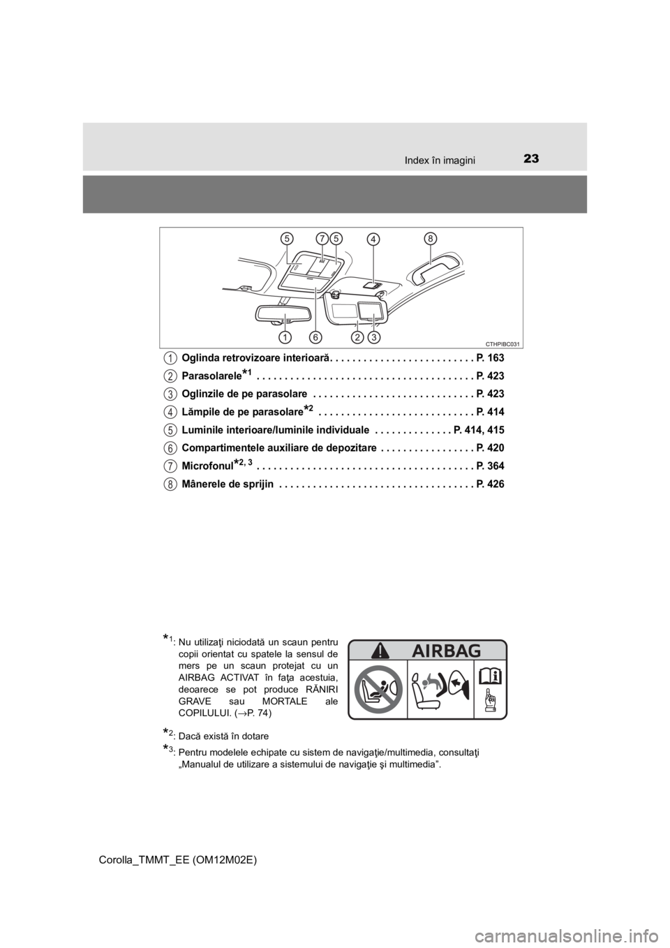 TOYOTA COROLLA 2017 Manual de utilizare (in Romanian) 23Index în imagini
Corolla_TMMT_EE (OM12M02E)
Oglinda retrovizoare interioară. . . . . . . . . . . . . . . . . . . . . . . . . . P. 163
Parasolarele
*1 . . . . . . . . . . . . . . . . . . . . . . . TOYOTA COROLLA 2017 Manual de utilizare (in Romanian) 23Index în imagini
Corolla_TMMT_EE (OM12M02E)
Oglinda retrovizoare interioară. . . . . . . . . . . . . . . . . . . . . . . . . . P. 163
Parasolarele
*1 . . . . . . . . . . . . . . . . . . . . . . .