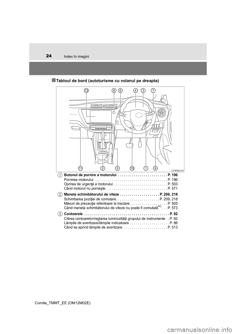 TOYOTA COROLLA 2017 Manual de utilizare (in Romanian) 24Index în imagini
Corolla_TMMT_EE (OM12M02E)
■Tabloul de bord (autoturisme cu volanul pe dreapta)
Butonul de pornire a motorului . . . . . . . . . . . . . . . . . . . . . . . . . P. 196
Pornirea TOYOTA COROLLA 2017 Manual de utilizare (in Romanian) 24Index în imagini
Corolla_TMMT_EE (OM12M02E)
■Tabloul de bord (autoturisme cu volanul pe dreapta)
Butonul de pornire a motorului . . . . . . . . . . . . . . . . . . . . . . . . . P. 196
Pornirea