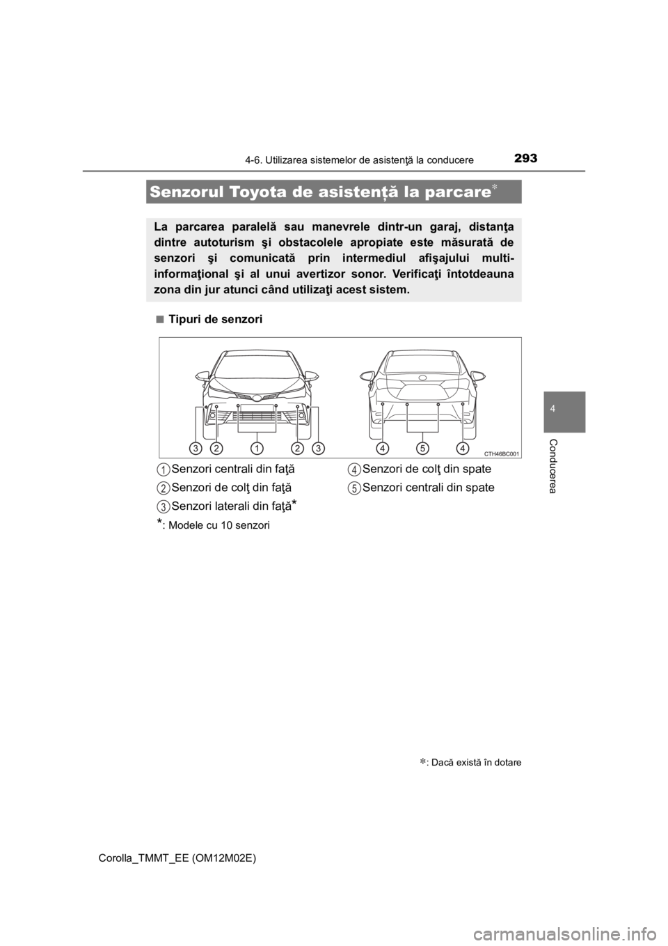 TOYOTA COROLLA 2017  Manual de utilizare (in Romanian) 2934-6. Utilizarea sistemelor de asistenţă la conducere
Corolla_TMMT_EE (OM12M02E)
4
Conducerea
■Tipuri de senzori
Senzorul Toyota de asistenţă la parcare∗
∗: Dacă există în dotare
La par