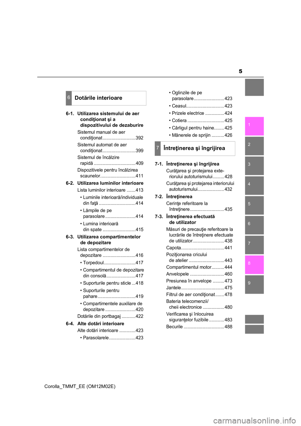 TOYOTA COROLLA 2017  Manual de utilizare (in Romanian) 5
1
8 7
6
5
4
3
2
Corolla_TMMT_EE (OM12M02E)
9
6-1.  Utilizarea sistemului de aer 
condiţionat şi a 
dispozitivului de dezaburire
Sistemul manual de aer 
condiţionat ..........................392
S