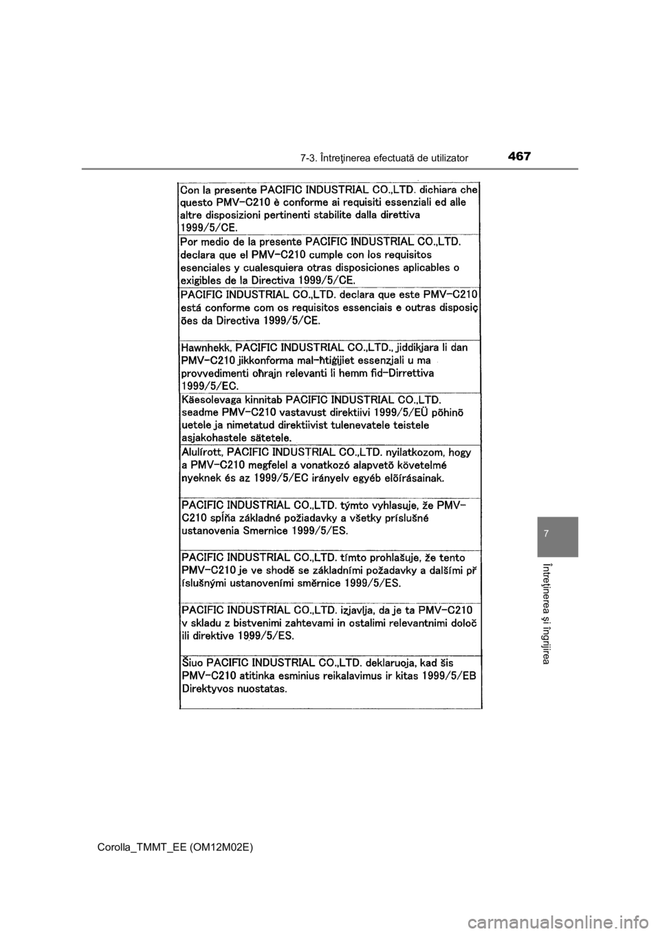 TOYOTA COROLLA 2017 Manual de utilizare (in Romanian) 4677-3. Întreţinerea efectuată de utilizator
Corolla_TMMT_EE (OM12M02E)
7
Întreţinerea şi îngrijirea TOYOTA COROLLA 2017 Manual de utilizare (in Romanian) 4677-3. Întreţinerea efectuată de utilizator
Corolla_TMMT_EE (OM12M02E)
7
Întreţinerea şi îngrijirea