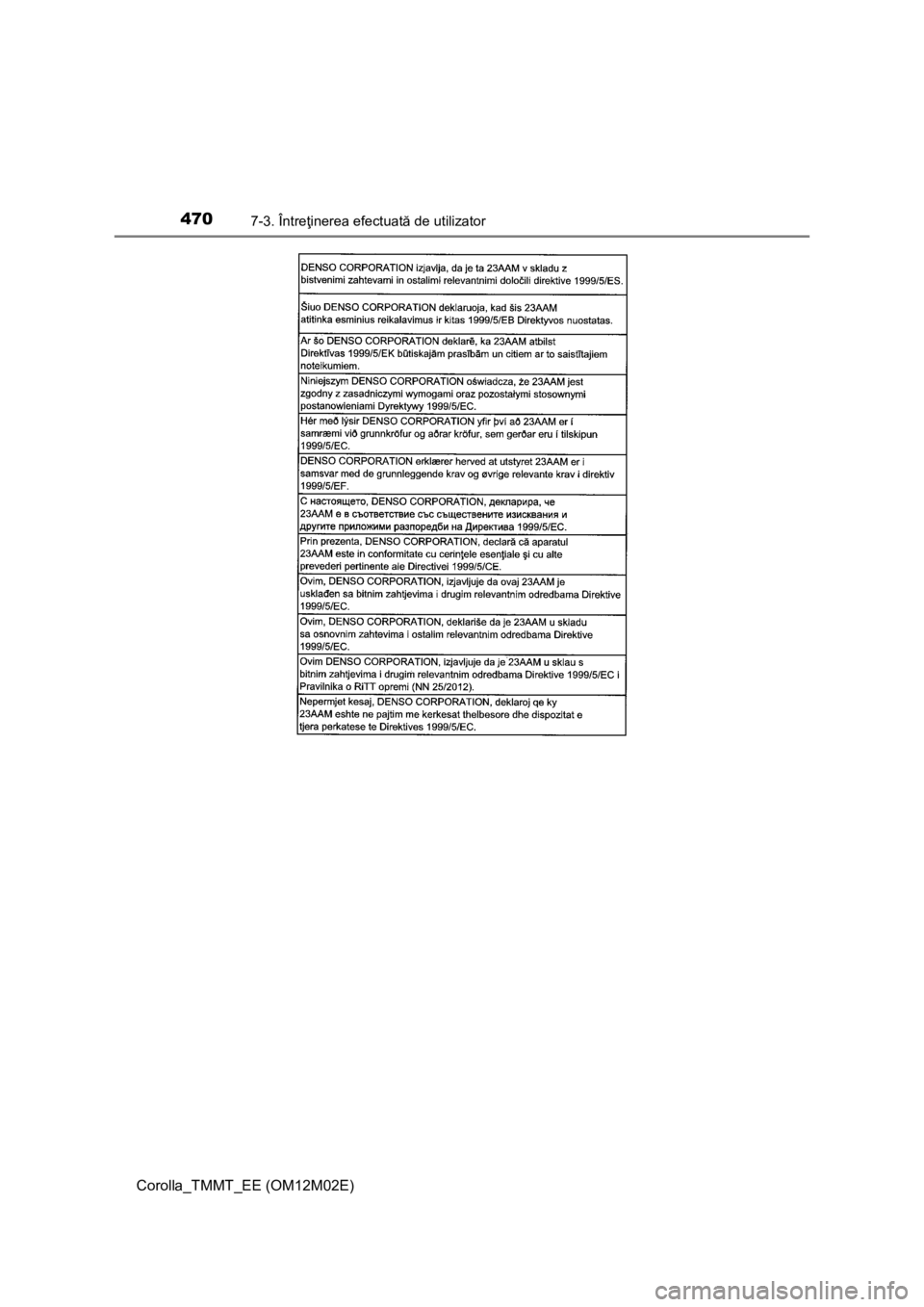 TOYOTA COROLLA 2017 Manual de utilizare (in Romanian) 4707-3. Întreţinerea efectuată de utilizator
Corolla_TMMT_EE (OM12M02E) TOYOTA COROLLA 2017 Manual de utilizare (in Romanian) 4707-3. Întreţinerea efectuată de utilizator
Corolla_TMMT_EE (OM12M02E)