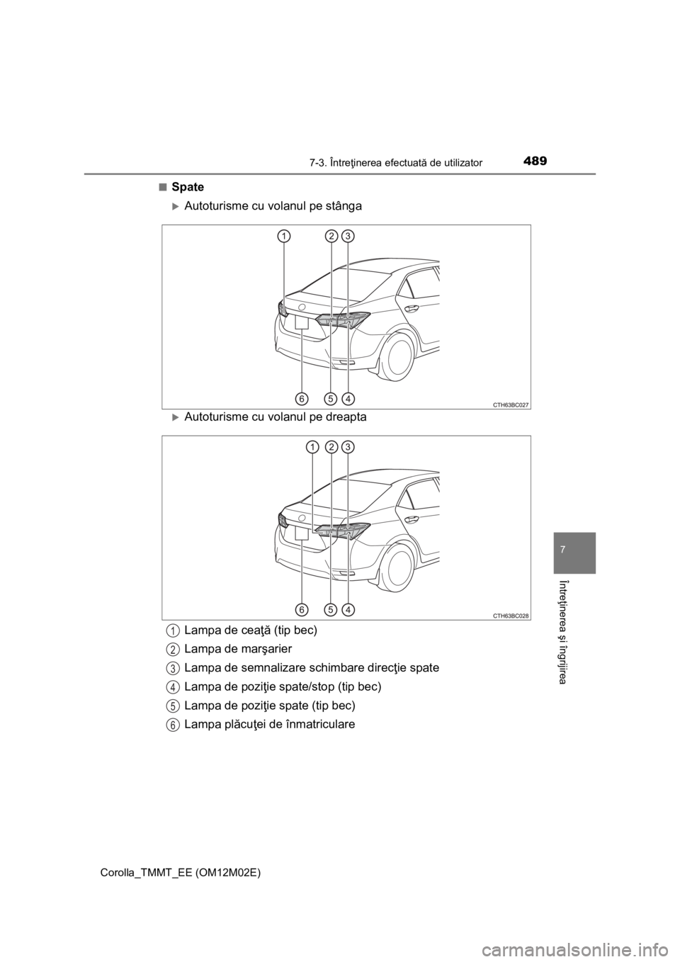 TOYOTA COROLLA 2017  Manual de utilizare (in Romanian) 4897-3. Întreţinerea efectuată de utilizator
Corolla_TMMT_EE (OM12M02E)
7
Întreţinerea şi îngrijirea
■Spate
Autoturisme cu volanul pe stânga
Autoturisme cu volanul pe dreapta
Lampa de 