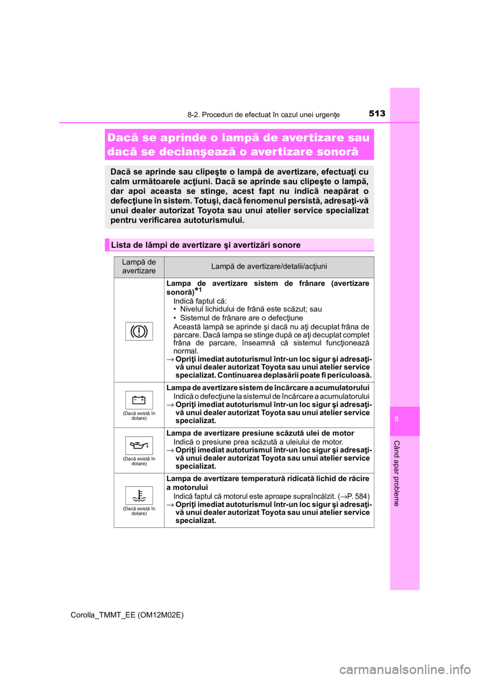 TOYOTA COROLLA 2017 Manual de utilizare (in Romanian) 5138-2. Proceduri de efectuat în cazul unei urgenţe
Corolla_TMMT_EE (OM12M02E)
8
Când apar probleme
Dacă se aprinde o lampă de avertizare sau
dacă se declanşează o avertizare sonoră
Dacă se TOYOTA COROLLA 2017 Manual de utilizare (in Romanian) 5138-2. Proceduri de efectuat în cazul unei urgenţe
Corolla_TMMT_EE (OM12M02E)
8
Când apar probleme
Dacă se aprinde o lampă de avertizare sau
dacă se declanşează o avertizare sonoră
Dacă se