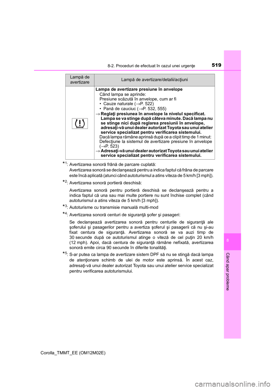 TOYOTA COROLLA 2017 Manual de utilizare (in Romanian) 5198-2. Proceduri de efectuat în cazul unei urgenţe
Corolla_TMMT_EE (OM12M02E)
8
Când apar probleme
*1: Avertizarea sonoră frână de parcare cuplată:
Avertizarea sonoră se declanşează pentru TOYOTA COROLLA 2017 Manual de utilizare (in Romanian) 5198-2. Proceduri de efectuat în cazul unei urgenţe
Corolla_TMMT_EE (OM12M02E)
8
Când apar probleme
*1: Avertizarea sonoră frână de parcare cuplată:
Avertizarea sonoră se declanşează pentru