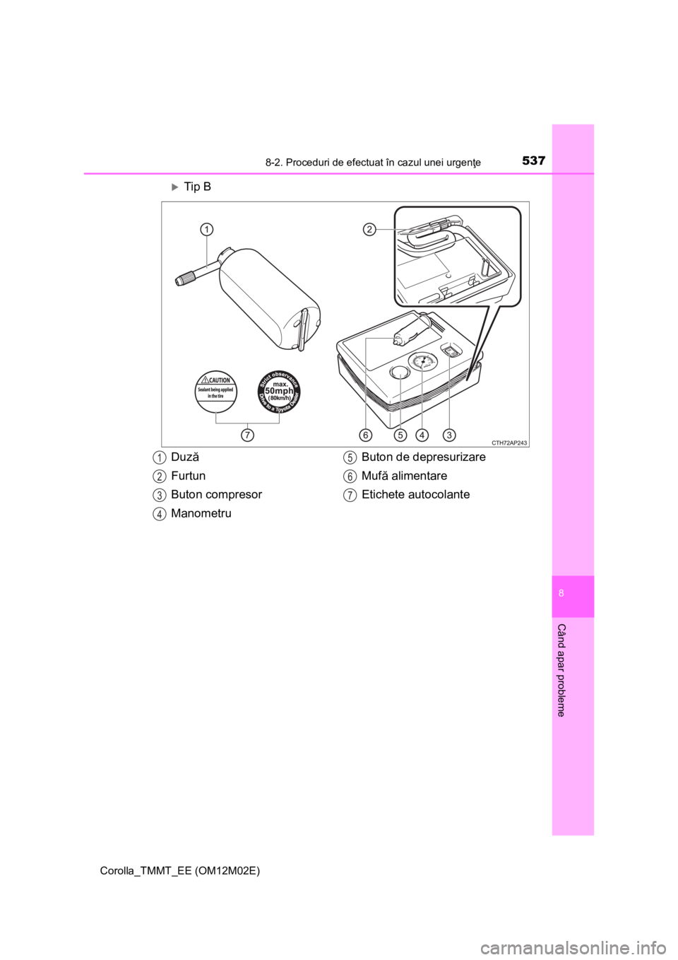 TOYOTA COROLLA 2017 Manual de utilizare (in Romanian) 5378-2. Proceduri de efectuat în cazul unei urgenţe
Corolla_TMMT_EE (OM12M02E)
8
Când apar probleme
Tip B
Duză
Furtun
Buton compresor
ManometruButon de depresurizare
Mufă alimentare
Etiche TOYOTA COROLLA 2017 Manual de utilizare (in Romanian) 5378-2. Proceduri de efectuat în cazul unei urgenţe
Corolla_TMMT_EE (OM12M02E)
8
Când apar probleme
Tip B
Duză
Furtun
Buton compresor
ManometruButon de depresurizare
Mufă alimentare
Etiche