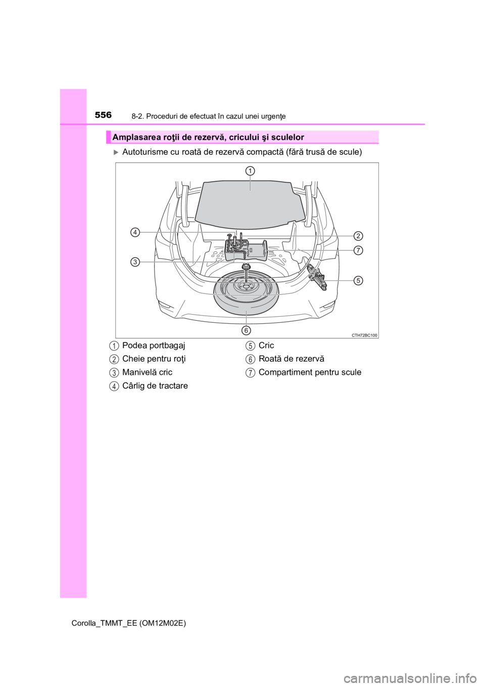 TOYOTA COROLLA 2017 Manual de utilizare (in Romanian) 5568-2. Proceduri de efectuat în cazul unei urgenţe
Corolla_TMMT_EE (OM12M02E)
Autoturisme cu roată de rezervă compactă (fără trusă de scule)
Amplasarea roţii de rezervă, cricului şi scu TOYOTA COROLLA 2017 Manual de utilizare (in Romanian) 5568-2. Proceduri de efectuat în cazul unei urgenţe
Corolla_TMMT_EE (OM12M02E)
Autoturisme cu roată de rezervă compactă (fără trusă de scule)
Amplasarea roţii de rezervă, cricului şi scu