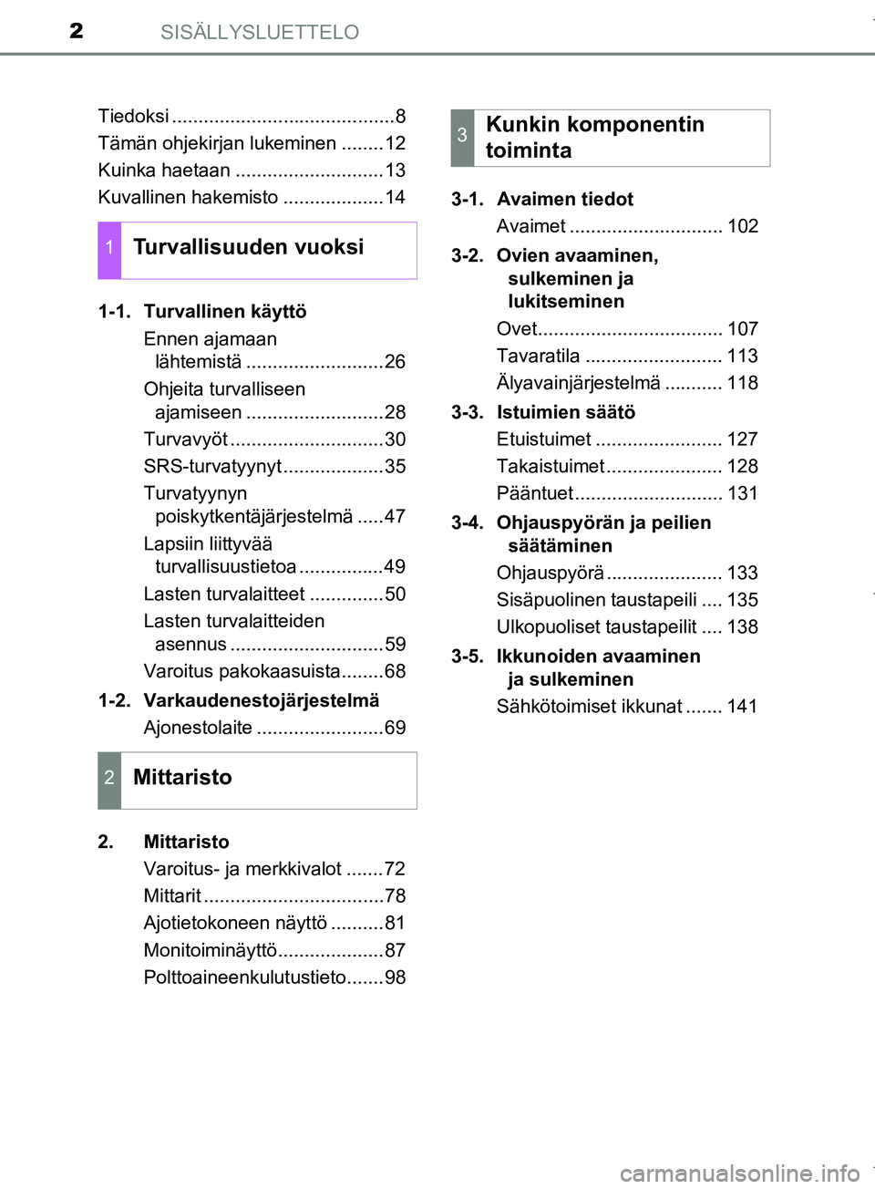 TOYOTA COROLLA 2017  Omistajan Käsikirja (in Finnish) SISÄLLYSLUETTELO2
OM12M02FITiedoksi ..........................................8
Tämän ohjekirjan lukeminen ........12
Kuinka haetaan ............................13
Kuvallinen hakemisto ............