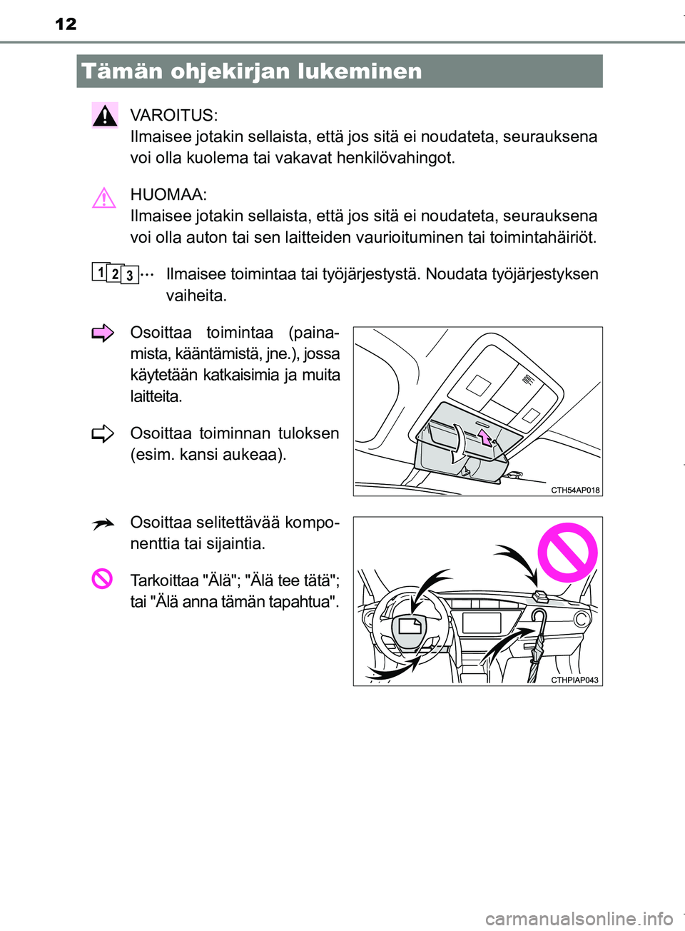 TOYOTA COROLLA 2017  Omistajan Käsikirja (in Finnish) 12
OM12M02FI
VAROITUS: 
Ilmaisee jotakin sellaista, että jos sitä ei noudateta, seurauksena
voi olla kuolema tai vakavat henkilövahingot.
HUOMAA: 
Ilmaisee jotakin sellaista, että jos sitä ei nou