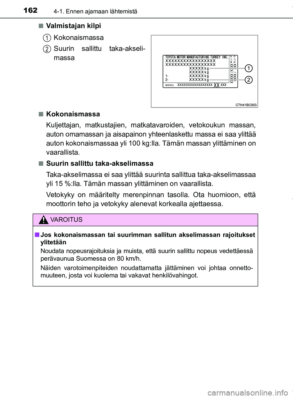 TOYOTA COROLLA 2017 Omistajan Käsikirja (in Finnish) 1624-1. Ennen ajamaan lähtemistä
OM12M02FIn
Valmistajan kilpi
Kokonaismassa
Suurin sallittu taka-akseli-
massa
nKokonaismassa
Kuljettajan, matkustajien, matkatavaroiden, vetokoukun massan,
auton oma TOYOTA COROLLA 2017 Omistajan Käsikirja (in Finnish) 1624-1. Ennen ajamaan lähtemistä
OM12M02FIn
Valmistajan kilpi
Kokonaismassa
Suurin sallittu taka-akseli-
massa
nKokonaismassa
Kuljettajan, matkustajien, matkatavaroiden, vetokoukun massan,
auton oma