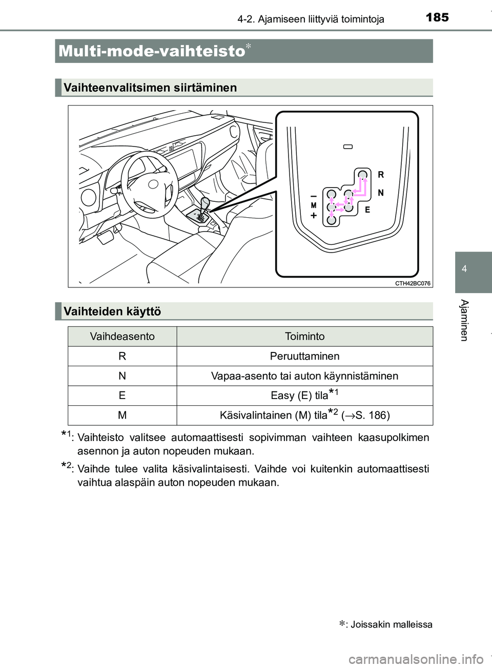 TOYOTA COROLLA 2017 Omistajan Käsikirja (in Finnish) 1854-2. Ajamiseen liittyviä toimintoja
OM12M02FI
4
Ajaminen
*1: Vaihteisto valitsee automaattisesti sopivimman vaihteen kaasupolkimenasennon ja auton nopeuden mukaan.
*2: Vaihde tulee valita käsival TOYOTA COROLLA 2017 Omistajan Käsikirja (in Finnish) 1854-2. Ajamiseen liittyviä toimintoja
OM12M02FI
4
Ajaminen
*1: Vaihteisto valitsee automaattisesti sopivimman vaihteen kaasupolkimenasennon ja auton nopeuden mukaan.
*2: Vaihde tulee valita käsival