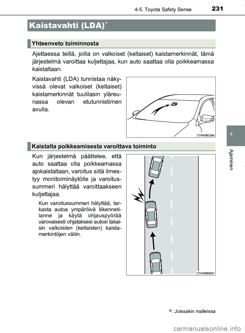 TOYOTA COROLLA 2017 Omistajan Käsikirja (in Finnish) 2314-5. Toyota Safety Sense
OM12M02FI
4
Ajaminen
Ajettaessa teillä, joilla on valkoiset (keltaiset) kaistamerkinnät, tämä
järjestelmä varoittaa kuljettajaa, kun auto saattaa olla poikkeamassa
ka TOYOTA COROLLA 2017 Omistajan Käsikirja (in Finnish) 2314-5. Toyota Safety Sense
OM12M02FI
4
Ajaminen
Ajettaessa teillä, joilla on valkoiset (keltaiset) kaistamerkinnät, tämä
järjestelmä varoittaa kuljettajaa, kun auto saattaa olla poikkeamassa
ka