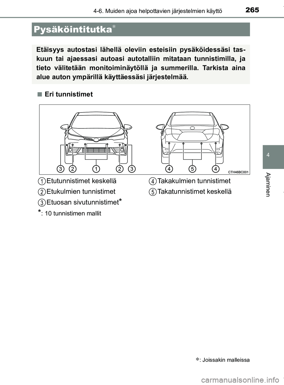 TOYOTA COROLLA 2017 Omistajan Käsikirja (in Finnish) 2654-6. Muiden ajoa helpottavien järjestelmien käyttö
OM12M02FI
4
Ajaminen
nEri tunnistimet
Pysäköintitutka∗
∗: Joissakin malleissa
Etäisyys autostasi lähellä oleviin esteisiin pysäköide TOYOTA COROLLA 2017 Omistajan Käsikirja (in Finnish) 2654-6. Muiden ajoa helpottavien järjestelmien käyttö
OM12M02FI
4
Ajaminen
nEri tunnistimet
Pysäköintitutka∗
∗: Joissakin malleissa
Etäisyys autostasi lähellä oleviin esteisiin pysäköide