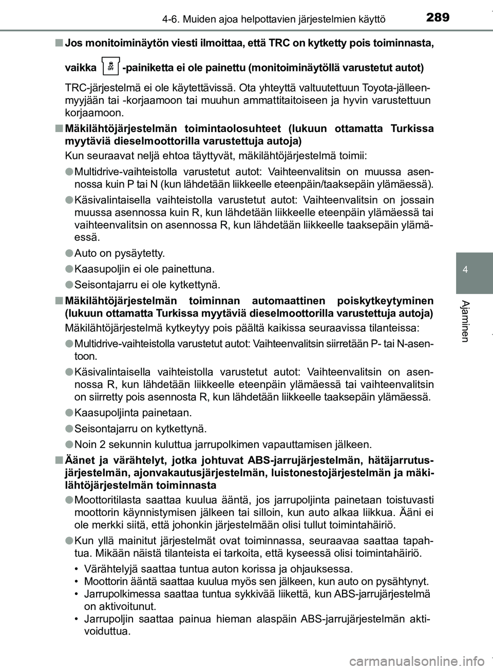 TOYOTA COROLLA 2017 Omistajan Käsikirja (in Finnish) 2894-6. Muiden ajoa helpottavien järjestelmien käyttö
OM12M02FI
4
Ajaminen
nJos monitoiminäytön viesti ilmoittaa, että TRC on kytketty pois toiminnasta,
vaikka -painiketta ei ole painettu (mon TOYOTA COROLLA 2017 Omistajan Käsikirja (in Finnish) 2894-6. Muiden ajoa helpottavien järjestelmien käyttö
OM12M02FI
4
Ajaminen
nJos monitoiminäytön viesti ilmoittaa, että TRC on kytketty pois toiminnasta,
vaikka -painiketta ei ole painettu (mon