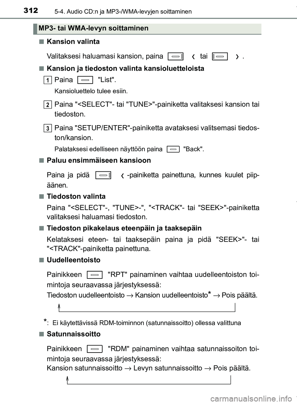 TOYOTA COROLLA 2017 Omistajan Käsikirja (in Finnish) 3125-4. Audio CD:n ja MP3-/WMA-levyjen soittaminen
OM12M02FIn
Kansion valinta
Valitaksesi haluamasi kans
ion, paina tai .
nKansion ja tiedoston valinta kansioluetteloista
Paina "List".
Kansiolu TOYOTA COROLLA 2017 Omistajan Käsikirja (in Finnish) 3125-4. Audio CD:n ja MP3-/WMA-levyjen soittaminen
OM12M02FIn
Kansion valinta
Valitaksesi haluamasi kans
ion, paina tai .
nKansion ja tiedoston valinta kansioluetteloista
Paina "List".
Kansiolu