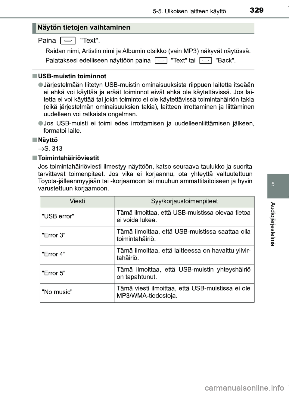 TOYOTA COROLLA 2017  Omistajan Käsikirja (in Finnish) 3295-5. Ulkoisen laitteen käyttö
OM12M02FI
5
Audiojärjestelmä
Paina   "Text".
Raidan nimi, Artistin nimi ja Albumin otsikko (vain MP3) näkyvät näytössä.
Palataksesi edelliseen näyttöön pai