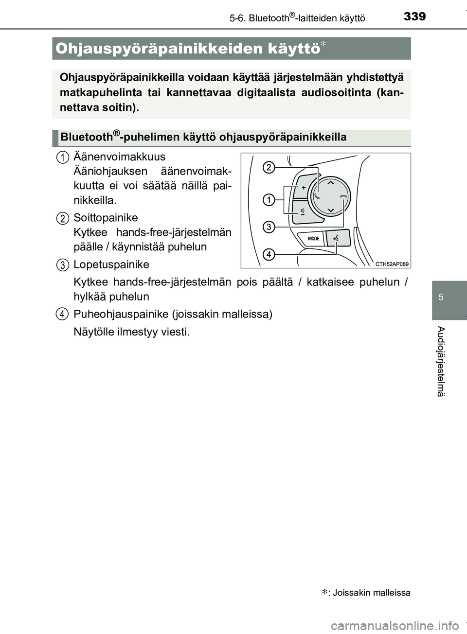 TOYOTA COROLLA 2017 Omistajan Käsikirja (in Finnish) 3395-6. Bluetooth®-laitteiden käyttö
OM12M02FI
5
Audiojärjestelmä
Äänenvoimakkuus
Ääniohjauksen äänenvoimak-
kuutta ei voi säätää näillä pai-
nikkeilla.
Soittopainike
Kytkee hands-f TOYOTA COROLLA 2017 Omistajan Käsikirja (in Finnish) 3395-6. Bluetooth®-laitteiden käyttö
OM12M02FI
5
Audiojärjestelmä
Äänenvoimakkuus
Ääniohjauksen äänenvoimak-
kuutta ei voi säätää näillä pai-
nikkeilla.
Soittopainike
Kytkee hands-f