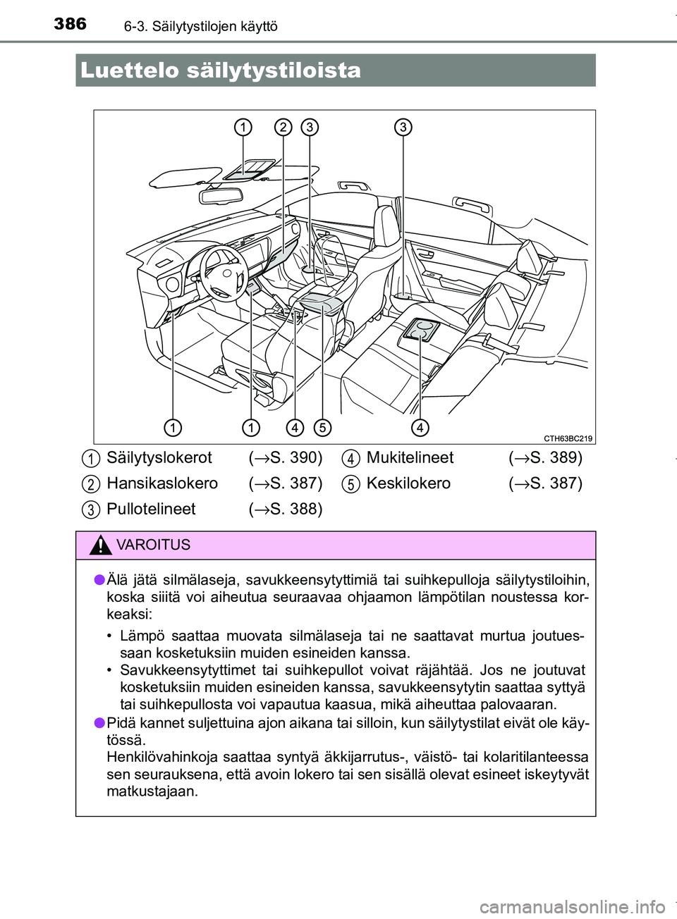 TOYOTA COROLLA 2017 Omistajan Käsikirja (in Finnish) 386
OM12M02FI
6-3. Säilytystilojen käyttö
Luettelo säilytystiloista
Säilytyslokerot (→S. 390)
Hansikaslokero ( →S. 387)
Pullotelineet (→ S. 388)Mukitelineet (
→S. 389)
Keskilokero ( TOYOTA COROLLA 2017 Omistajan Käsikirja (in Finnish) 386
OM12M02FI
6-3. Säilytystilojen käyttö
Luettelo säilytystiloista
Säilytyslokerot (→S. 390)
Hansikaslokero ( →S. 387)
Pullotelineet (→ S. 388)Mukitelineet (
→S. 389)
Keskilokero (
