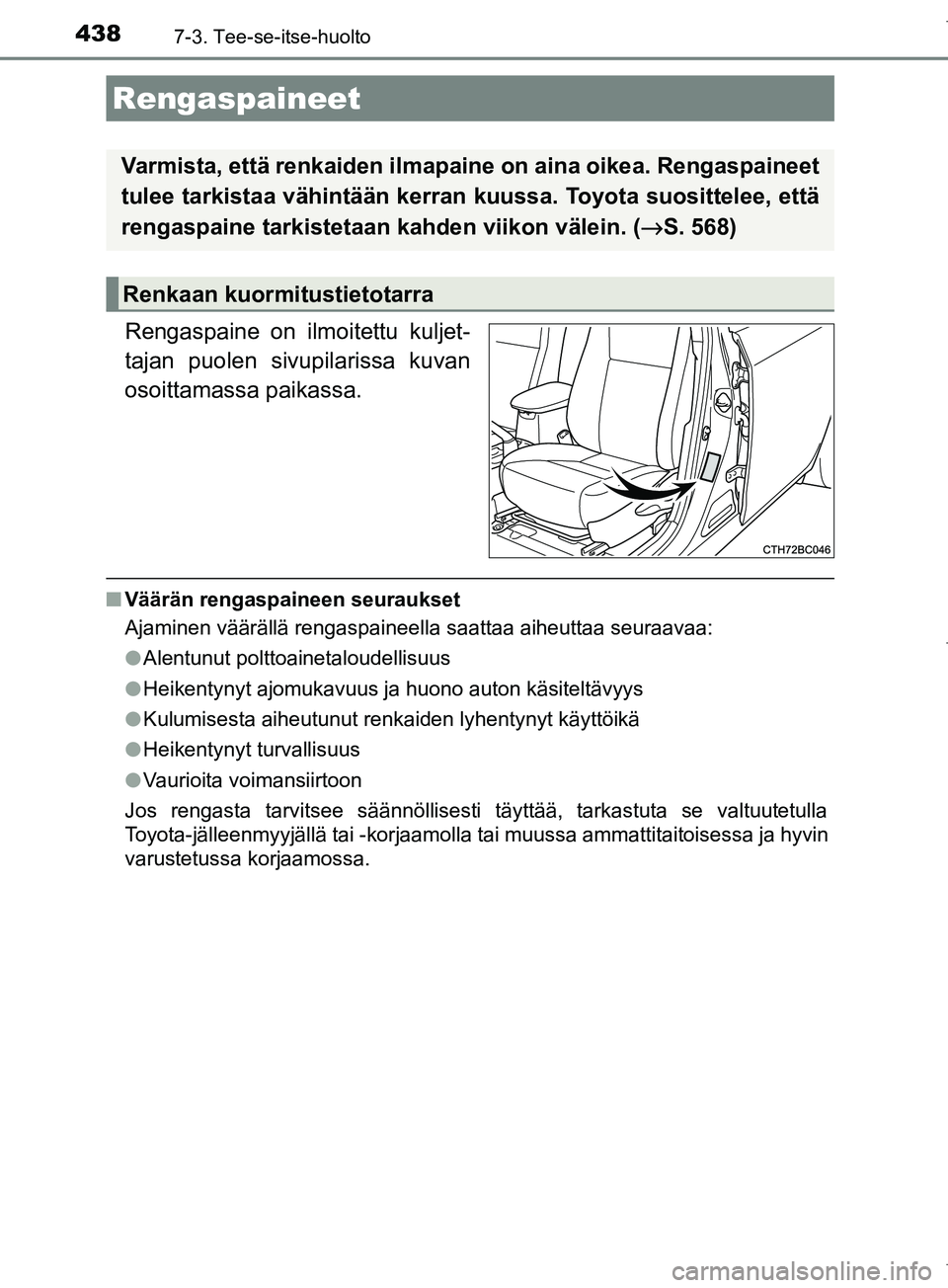 TOYOTA COROLLA 2017 Omistajan Käsikirja (in Finnish) 4387-3. Tee-se-itse-huolto
OM12M02FI
Rengaspaine on ilmoitettu kuljet-
tajan puolen sivupilarissa kuvan
osoittamassa paikassa.
nVäärän rengaspaineen seuraukset
Ajaminen väärällä rengaspaineella TOYOTA COROLLA 2017 Omistajan Käsikirja (in Finnish) 4387-3. Tee-se-itse-huolto
OM12M02FI
Rengaspaine on ilmoitettu kuljet-
tajan puolen sivupilarissa kuvan
osoittamassa paikassa.
nVäärän rengaspaineen seuraukset
Ajaminen väärällä rengaspaineella