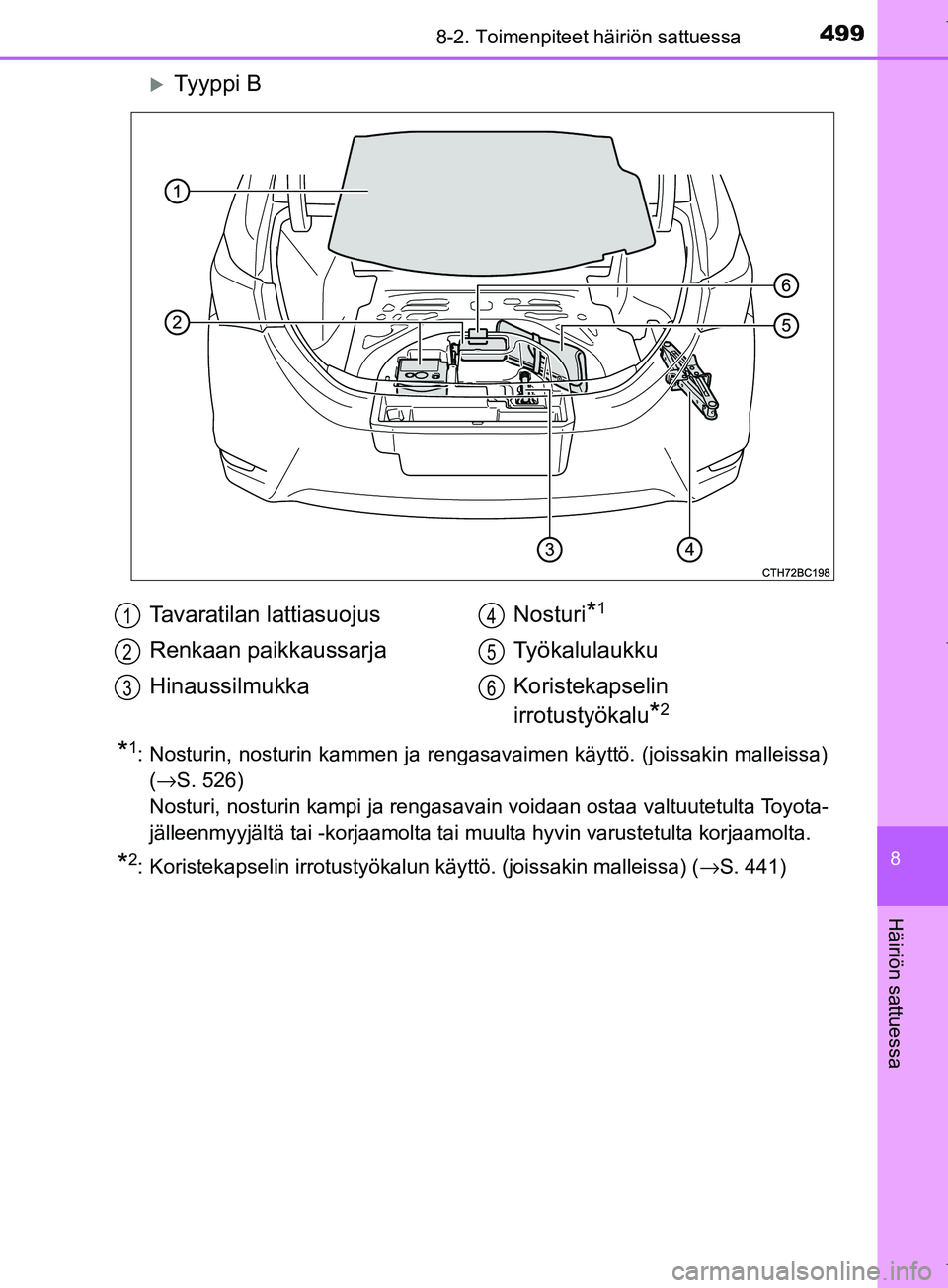 TOYOTA COROLLA 2017 Omistajan Käsikirja (in Finnish) 4998-2. Toimenpiteet häiriön sattuessa
OM12M02FI
8
Häiriön sattuessa
Ty y p p i B
*1: Nosturin, nosturin kammen ja rengasavaimen käyttö. (joissakin malleissa)(→S. 526)
Nosturi, nosturin k TOYOTA COROLLA 2017 Omistajan Käsikirja (in Finnish) 4998-2. Toimenpiteet häiriön sattuessa
OM12M02FI
8
Häiriön sattuessa
Ty y p p i B
*1: Nosturin, nosturin kammen ja rengasavaimen käyttö. (joissakin malleissa)(→S. 526)
Nosturi, nosturin k