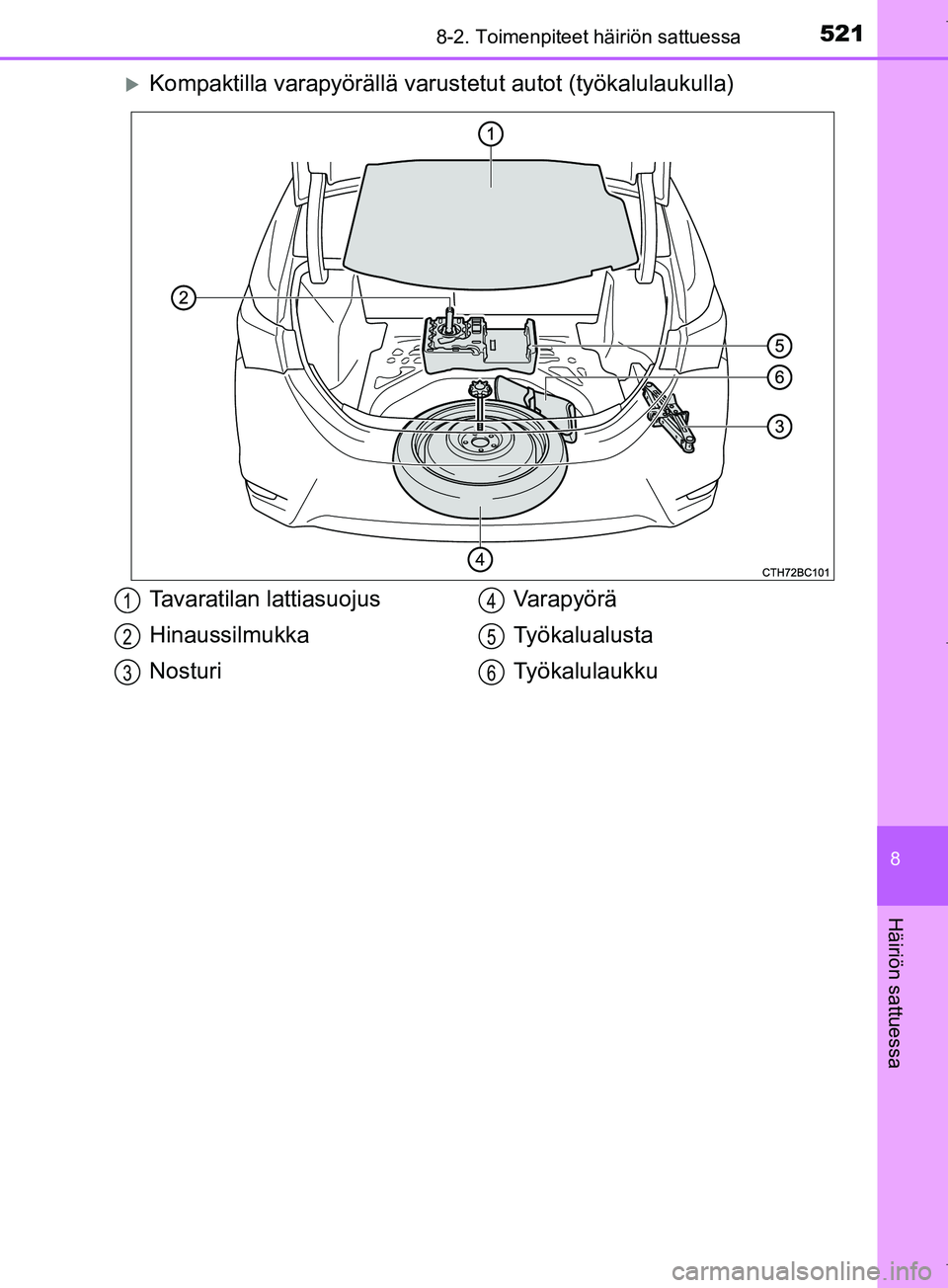 TOYOTA COROLLA 2017  Omistajan Käsikirja (in Finnish) 5218-2. Toimenpiteet häiriön sattuessa
OM12M02FI
8
Häiriön sattuessa
Kompaktilla varapyörällä varustetut autot (työkalulaukulla)
Tavaratilan lattiasuojus
Hinaussilmukka
Nosturi Varapyörä
