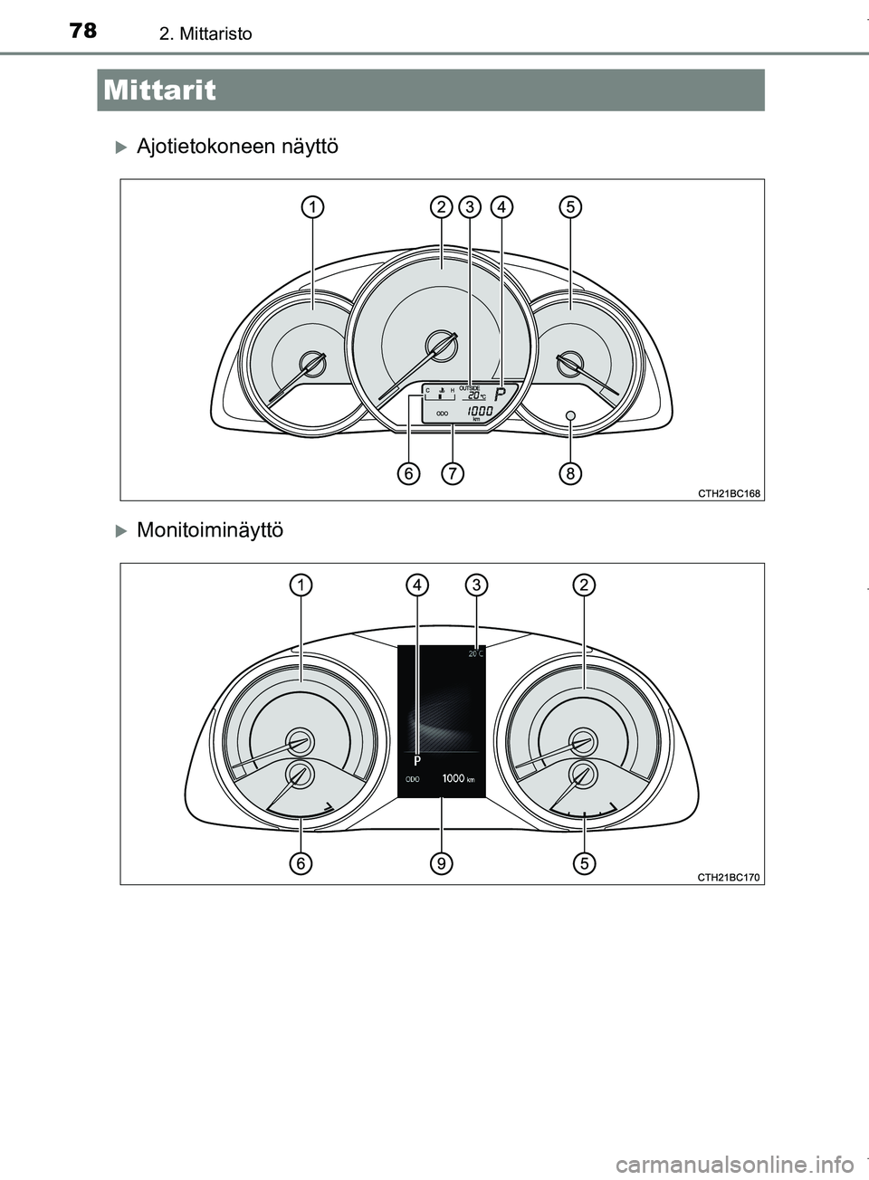 TOYOTA COROLLA 2017 Omistajan Käsikirja (in Finnish) 782. Mittaristo
OM12M02FI
Ajotietokoneen näyttö
Monitoiminäyttö
Mittarit
OM12M02FI.book Page 78 Friday, January 27, 2017 1:25 PM TOYOTA COROLLA 2017 Omistajan Käsikirja (in Finnish) 782. Mittaristo
OM12M02FI
Ajotietokoneen näyttö
Monitoiminäyttö
Mittarit
OM12M02FI.book Page 78 Friday, January 27, 2017 1:25 PM