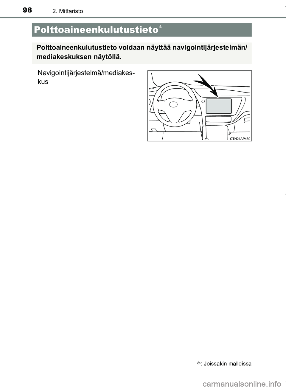 TOYOTA COROLLA 2017 Omistajan Käsikirja (in Finnish) 982. Mittaristo
OM12M02FI
Navigointijärjestelmä/mediakes-
kus
Polttoaineenkulutustieto∗
∗: Joissakin malleissa
Polttoaineenkulutustieto voidaan näyttää navigointijärjestelmän/
mediakeskukse TOYOTA COROLLA 2017 Omistajan Käsikirja (in Finnish) 982. Mittaristo
OM12M02FI
Navigointijärjestelmä/mediakes-
kus
Polttoaineenkulutustieto∗
∗: Joissakin malleissa
Polttoaineenkulutustieto voidaan näyttää navigointijärjestelmän/
mediakeskukse