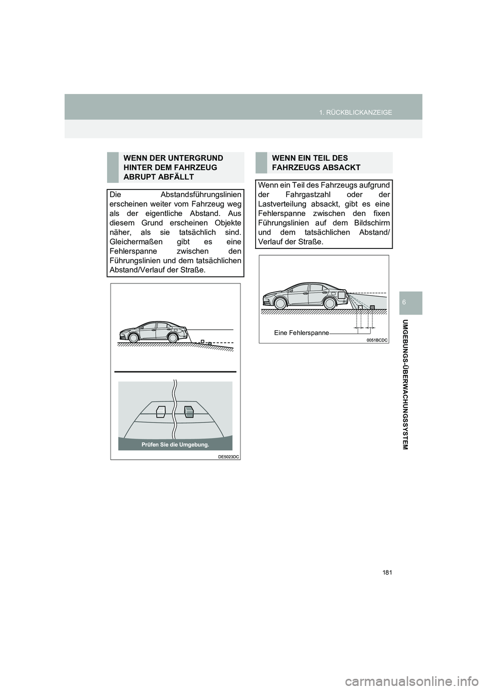 TOYOTA COROLLA 2016  Betriebsanleitungen (in German) 181
1. RÜCKBLICKANZEIGE
TMMT_COROLLA_Navi_EM (OM12K03M)
UMGEBUNGS-ÜBERWACHUNGSSYSTEM
6
WENN DER UNTERGRUND 
HINTER DEM FAHRZEUG 
ABRUPT ABFÄLLT
Die Abstandsführungslinien
erscheinen weiter vom Fah
