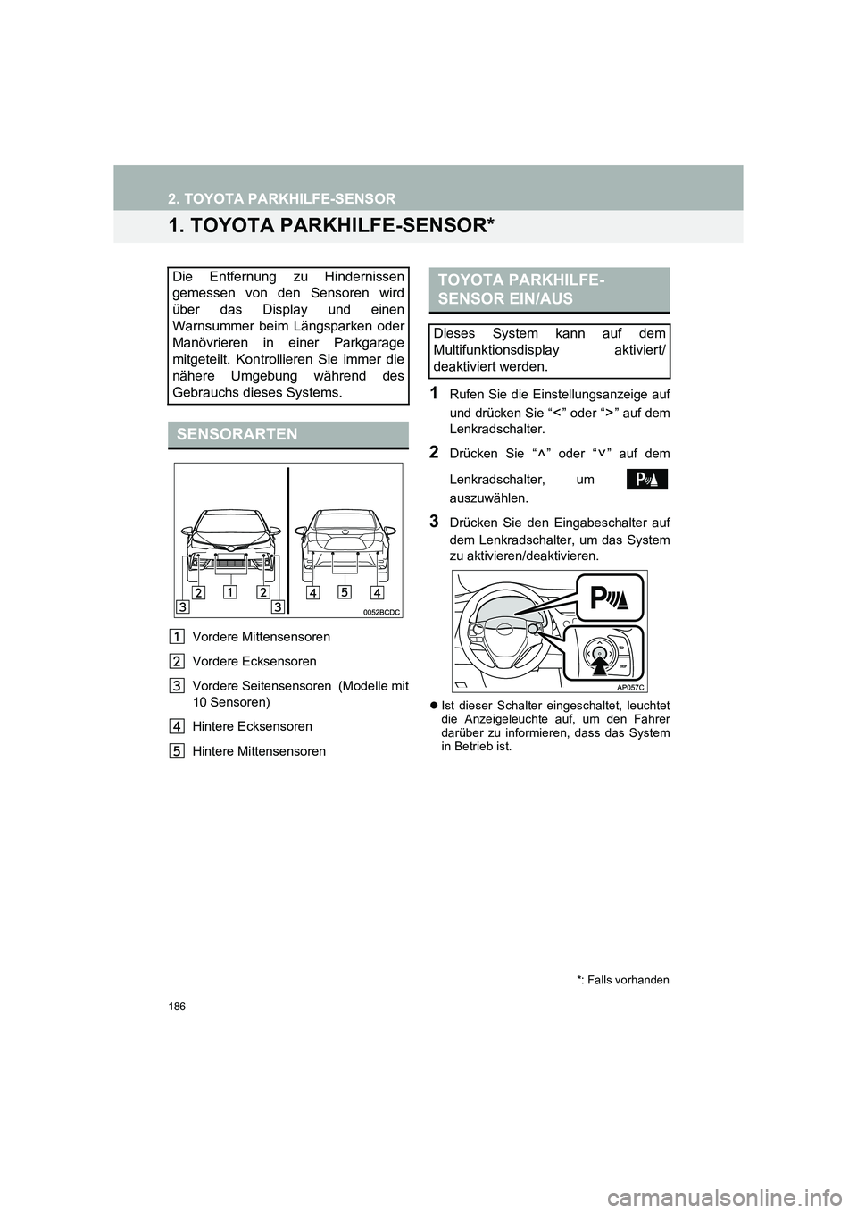 TOYOTA COROLLA 2016  Betriebsanleitungen (in German) 186
TMMT_COROLLA_Navi_EM (OM12K03M)
2. TOYOTA PARKHILFE-SENSOR
1. TOYOTA PARKHILFE-SENSOR*
Vordere Mittensensoren
Vordere Ecksensoren
Vordere Seitensensoren  (Modelle mit
10 Sensoren)
Hintere Ecksenso