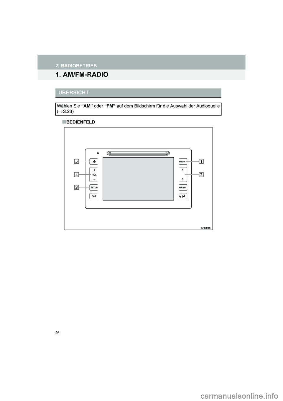 TOYOTA COROLLA 2016  Betriebsanleitungen (in German) 26
TMMT_COROLLA_Navi_EM (OM12K03M)
2. RADIOBETRIEB
1. AM/FM-RADIO
■BEDIENFELD
ÜBERSICHT
Wählen Sie “AM” oder “FM” auf dem Bildschirm für  die Auswahl der Audioquelle
( → S.23) 