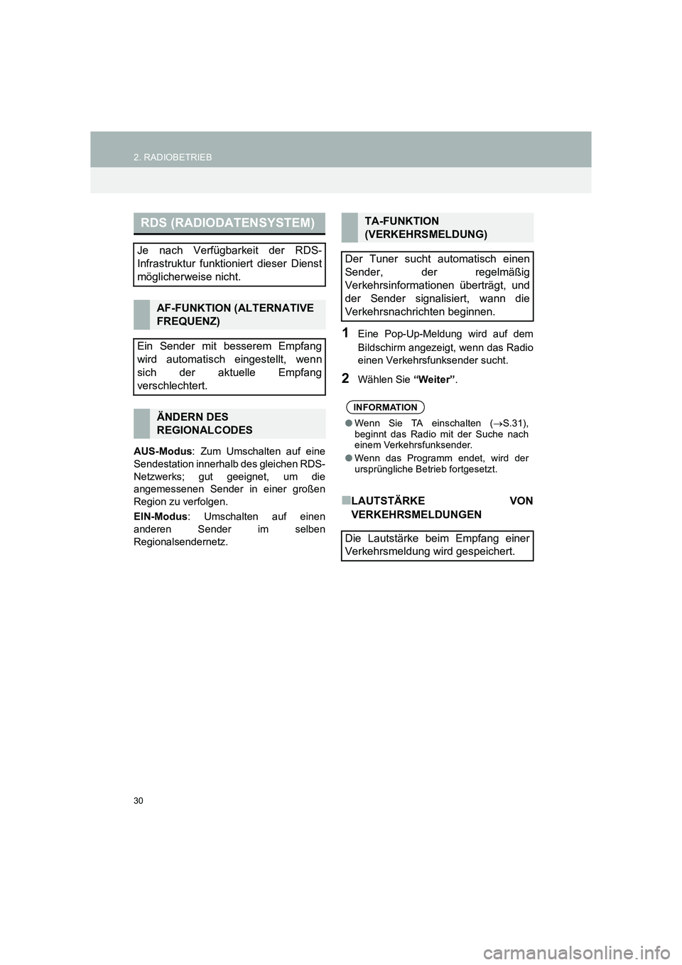 TOYOTA COROLLA 2016  Betriebsanleitungen (in German) 30
2. RADIOBETRIEB
TMMT_COROLLA_Navi_EM (OM12K03M)
AUS-Modus: Zum Umschalten auf eine
Sendestation innerhalb des gleichen RDS-
Netzwerks; gut geeignet, um die
angemessenen Sender in einer großen
Regi