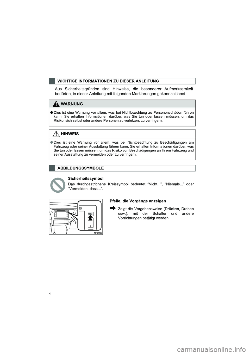 TOYOTA COROLLA 2016  Betriebsanleitungen (in German) 4
TMMT_COROLLA_Navi_EM (OM12K03M)
Aus Sicherheitsgründen sind Hinweise, die besonderer Aufmerksamkeit
bedürfen, in dieser Anleitung mit folgenden Markierungen gekennzeichnet.
WICHTIGE INFORMATIONEN 