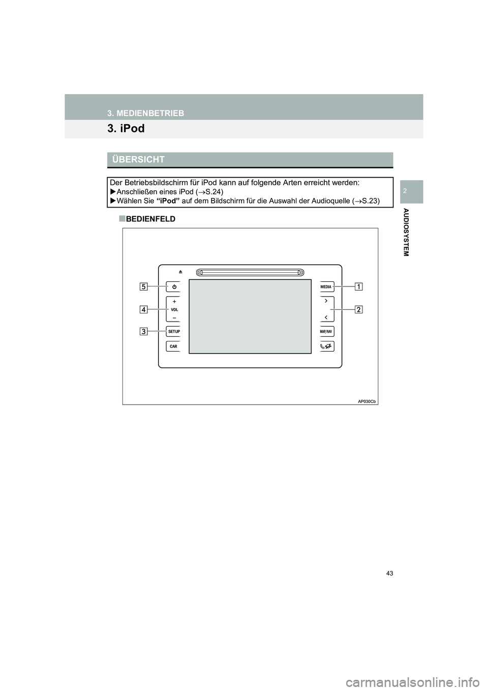 TOYOTA COROLLA 2016  Betriebsanleitungen (in German) 43
TMMT_COROLLA_Navi_EM (OM12K03M)
3. MEDIENBETRIEB
AUDIOSYSTEM
2
3. iPod
■BEDIENFELD
ÜBERSICHT
Der Betriebsbildschirm für iPod kann auf folgende Arten erreicht werden: 
�XAnschließen eines iPod 