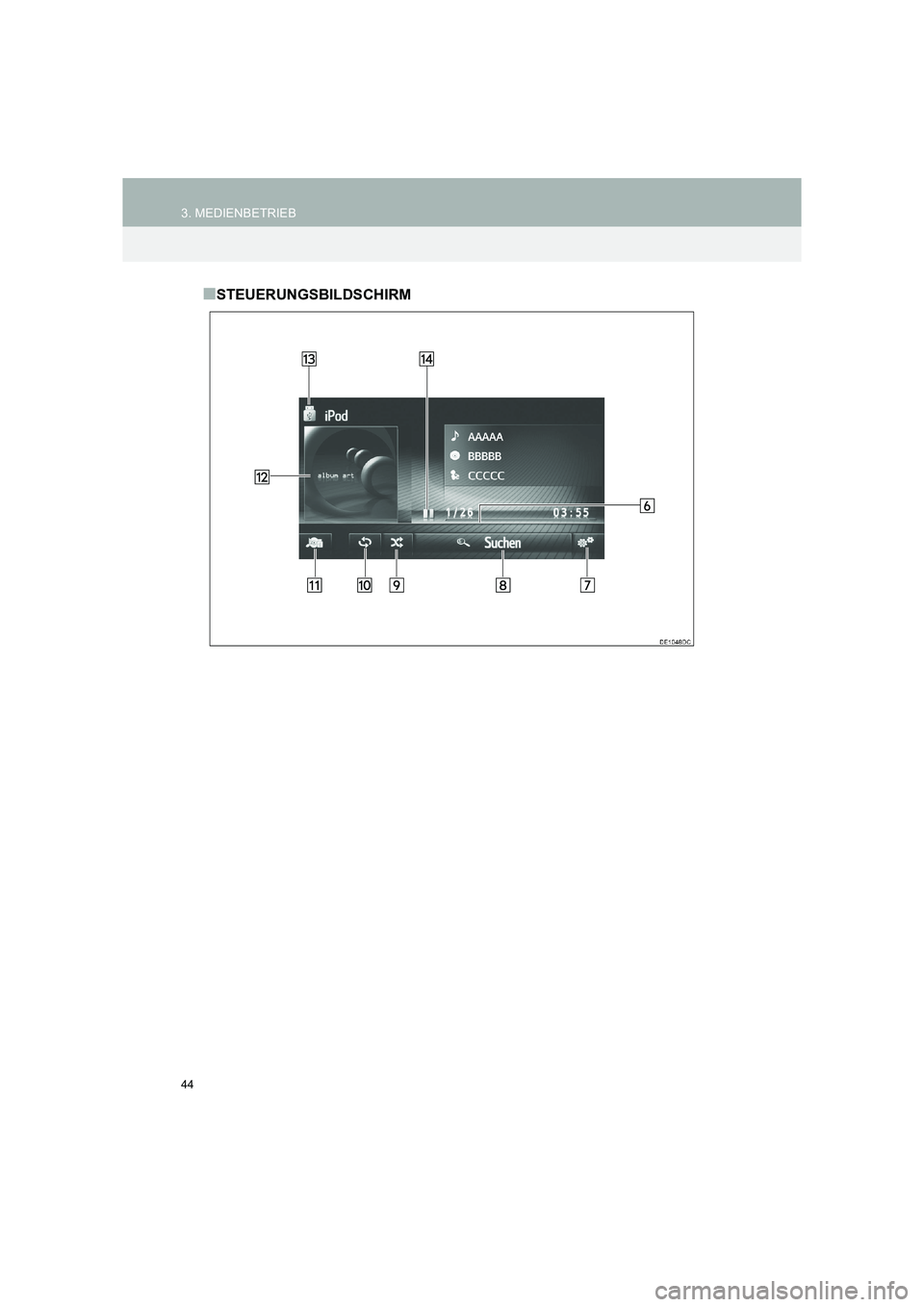 TOYOTA COROLLA 2016  Betriebsanleitungen (in German) 44
3. MEDIENBETRIEB
TMMT_COROLLA_Navi_EM (OM12K03M)
■STEUERUNGSBILDSCHIRM 