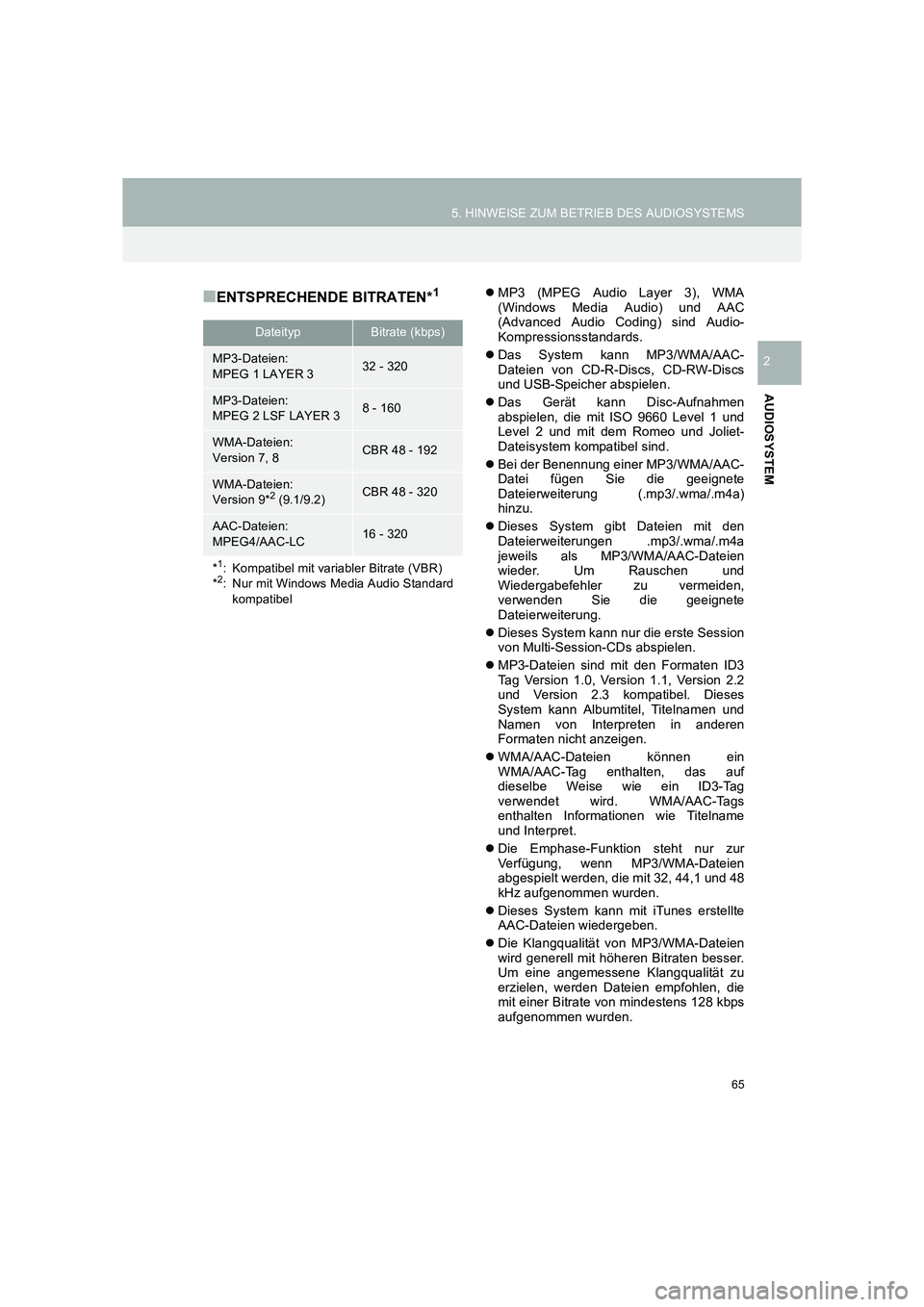 TOYOTA COROLLA 2016  Betriebsanleitungen (in German) 65
5. HINWEISE ZUM BETRIEB DES AUDIOSYSTEMS
TMMT_COROLLA_Navi_EM (OM12K03M)
AUDIOSYSTEM
2
■ENTSPRECHENDE BITRATEN*1�zMP3 (MPEG Audio Layer 3), WMA
(Windows Media Audio) und AAC
(Advanced Audio Codin