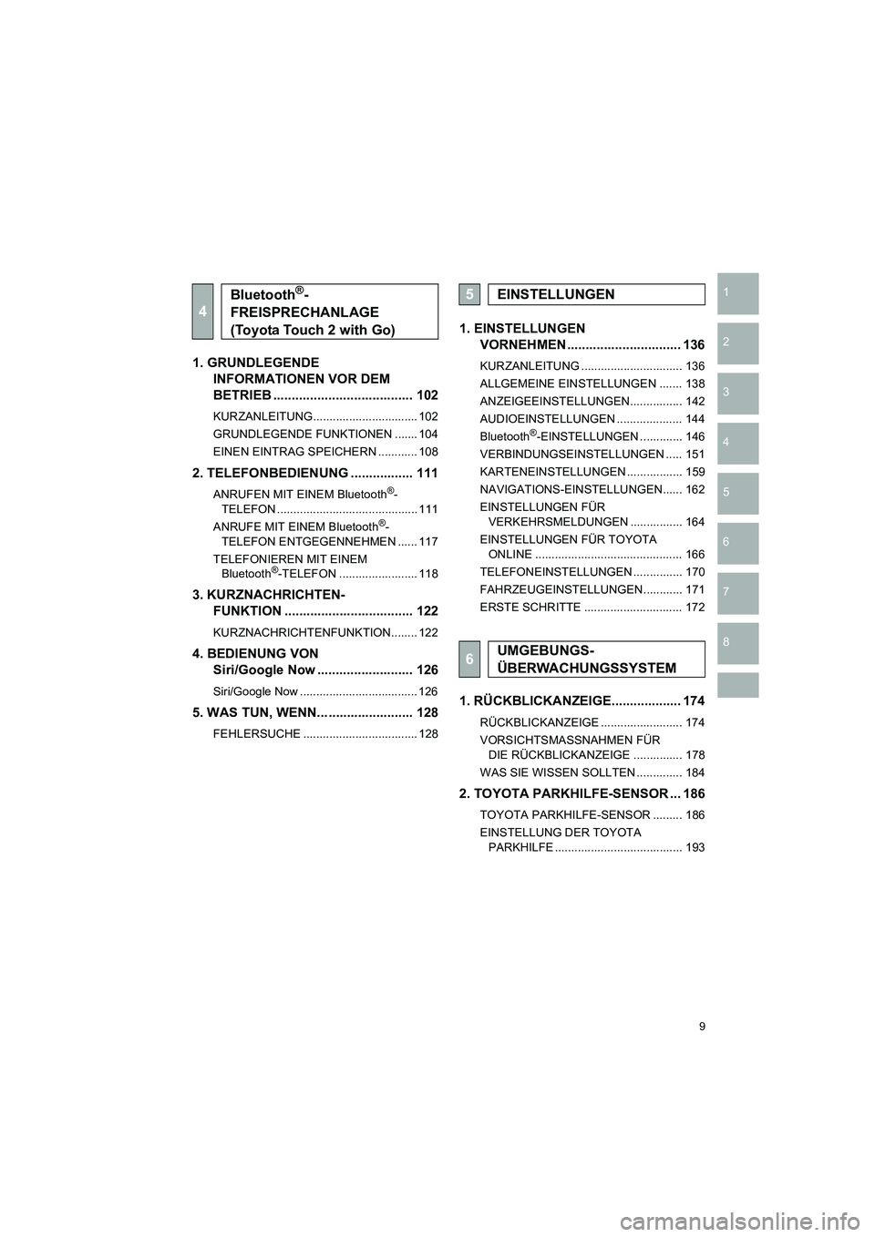 TOYOTA COROLLA 2016  Betriebsanleitungen (in German) 9
TMMT_COROLLA_Navi_EM (OM12K03M)
1
2
3
4
5
6
7
8
1. GRUNDLEGENDE INFORMATIONEN VOR DEM 
BETRIEB ...................................... 102
KURZANLEITUNG................................ 102
GRUNDLEGEN