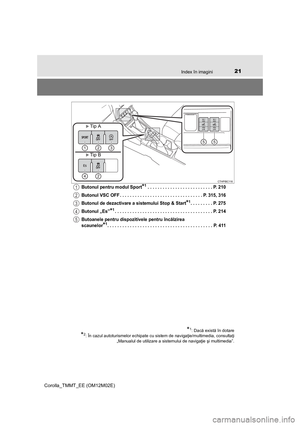 TOYOTA COROLLA 2016  Manual de utilizare (in Romanian) 21Index în imagini
Corolla_TMMT_EE (OM12M02E)
Butonul pentru modul Sport*1 . . . . . . . . . . . . . . . . . . . . . . . . . . P. 210
Butonul VSC OFF . . . . . . . . . . . . . . . . . . . . . . . . .