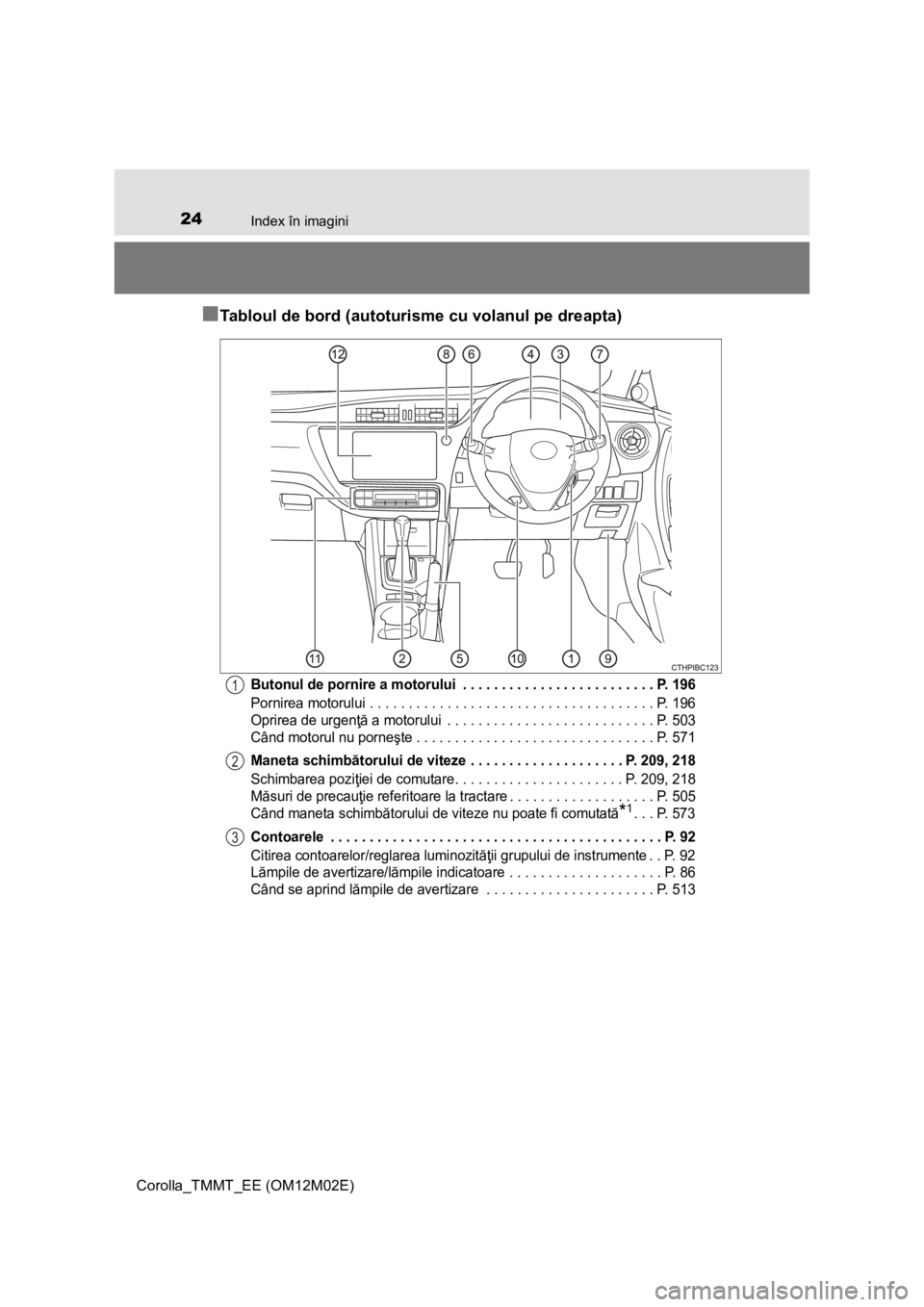 TOYOTA COROLLA 2016  Manual de utilizare (in Romanian) 24Index în imagini
Corolla_TMMT_EE (OM12M02E)
■Tabloul de bord (autoturisme cu volanul pe dreapta)
Butonul de pornire a motorului  . . . . . . . . . . . . . . . . . . . . . . . . . P. 196
Pornirea 