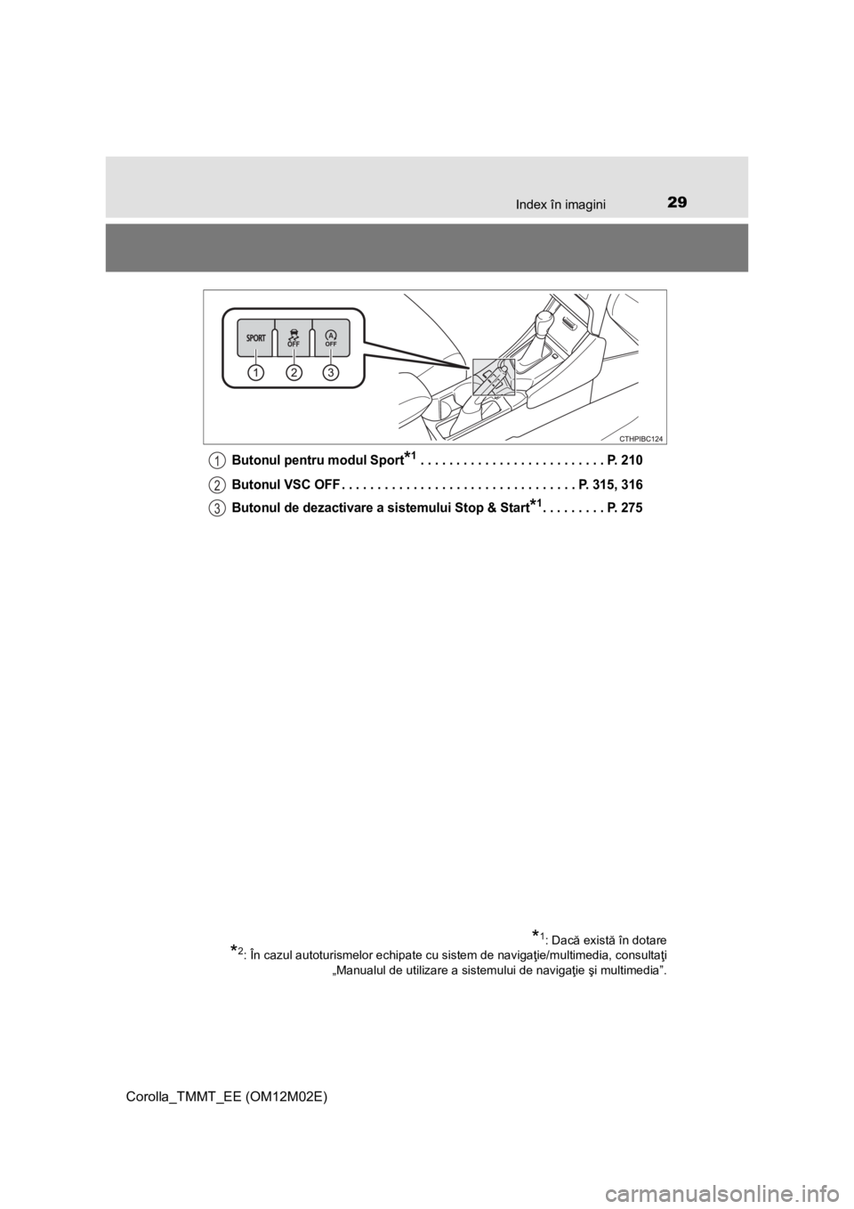 TOYOTA COROLLA 2016  Manual de utilizare (in Romanian) 29Index în imagini
Corolla_TMMT_EE (OM12M02E)
Butonul pentru modul Sport*1 . . . . . . . . . . . . . . . . . . . . . . . . . . P. 210
Butonul VSC OFF . . . . . . . . . . . . . . . . . . . . . . . . .