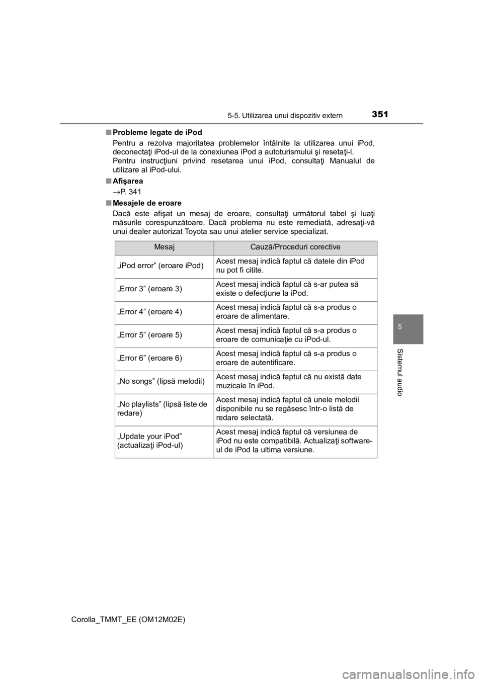 TOYOTA COROLLA 2016  Manual de utilizare (in Romanian) 3515-5. Utilizarea unui dispozitiv extern
Corolla_TMMT_EE (OM12M02E)
5
Sistemul audio
■Probleme legate de iPod
Pentru a rezolva majoritatea problemelor întâlnite la utilizarea unui iPod,
deconecta
